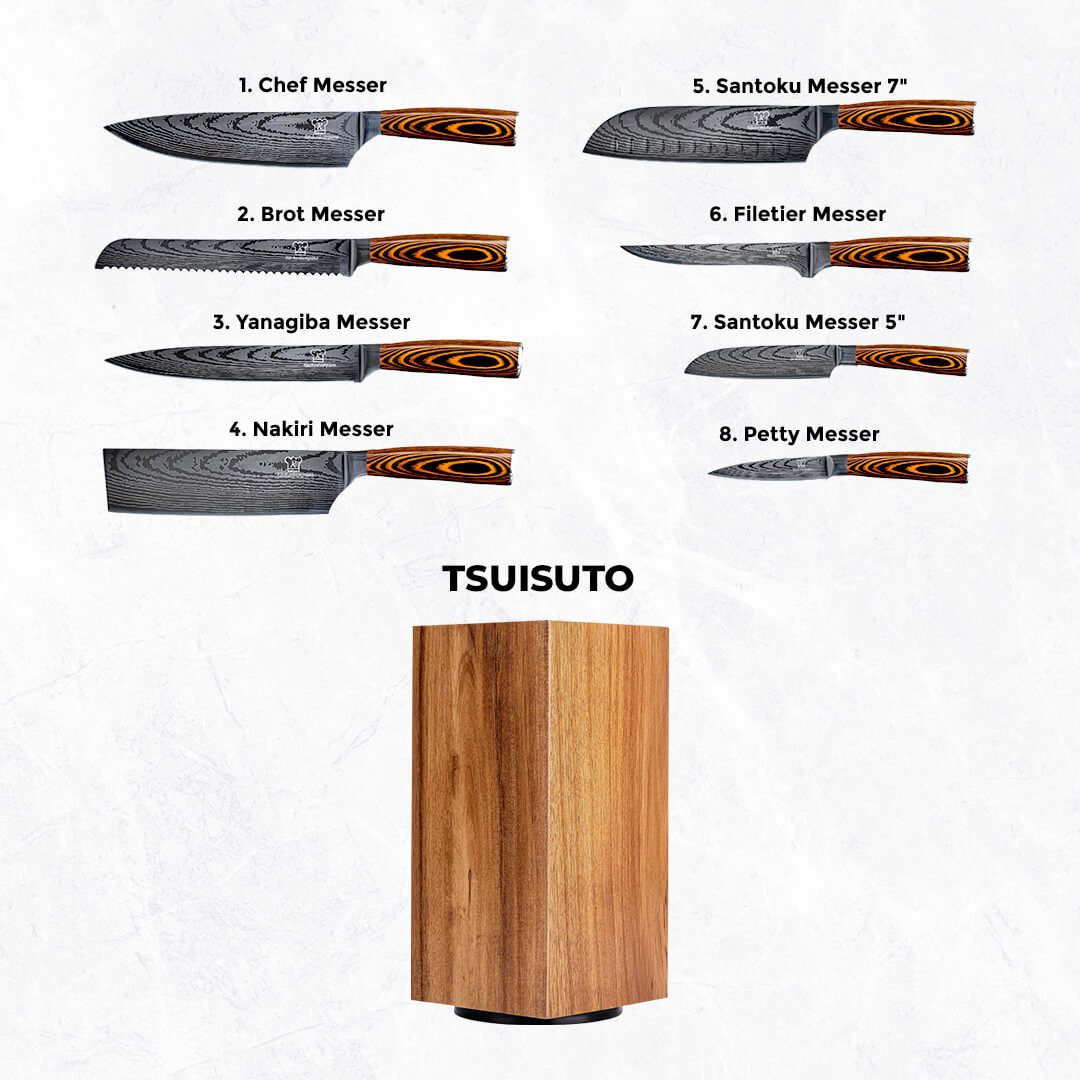 Küchenkompane Messer-Set Küchenkompane 9-tlg. Messerset inkl. magnetischem Messerblock Tsuisuto (2-tlg), Magnetischer Messerblock Akazienholz,360° drehbar,8 Edelstahlmesser