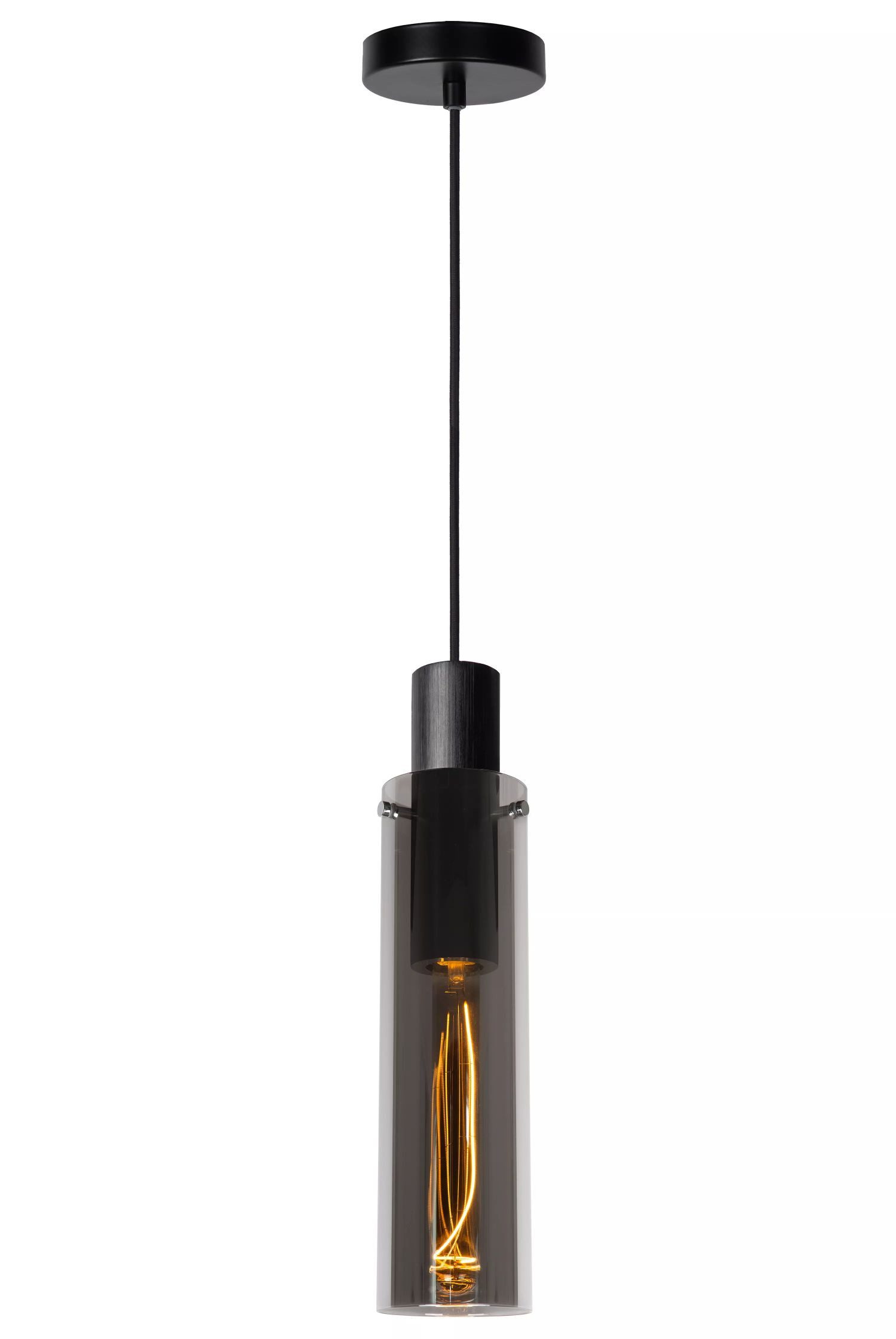 Licht-Erlebnisse Pendelleuchte ULARI, ohne Leuchtmittel, Metall Rauchglas E27 rund Ø 10 cm H: max. 172 cm Schwarz Rauchgrau