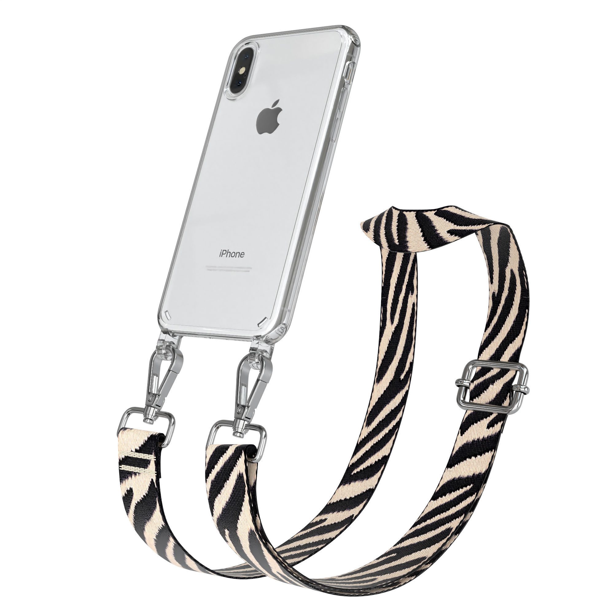 EAZY CASE Handykette Boho Umhängeband für Apple iPhone X / iPhone XS 5,8 Zoll, Verstellbarer Zebra Trageriemen Case transparent Kette Schwarz Beige