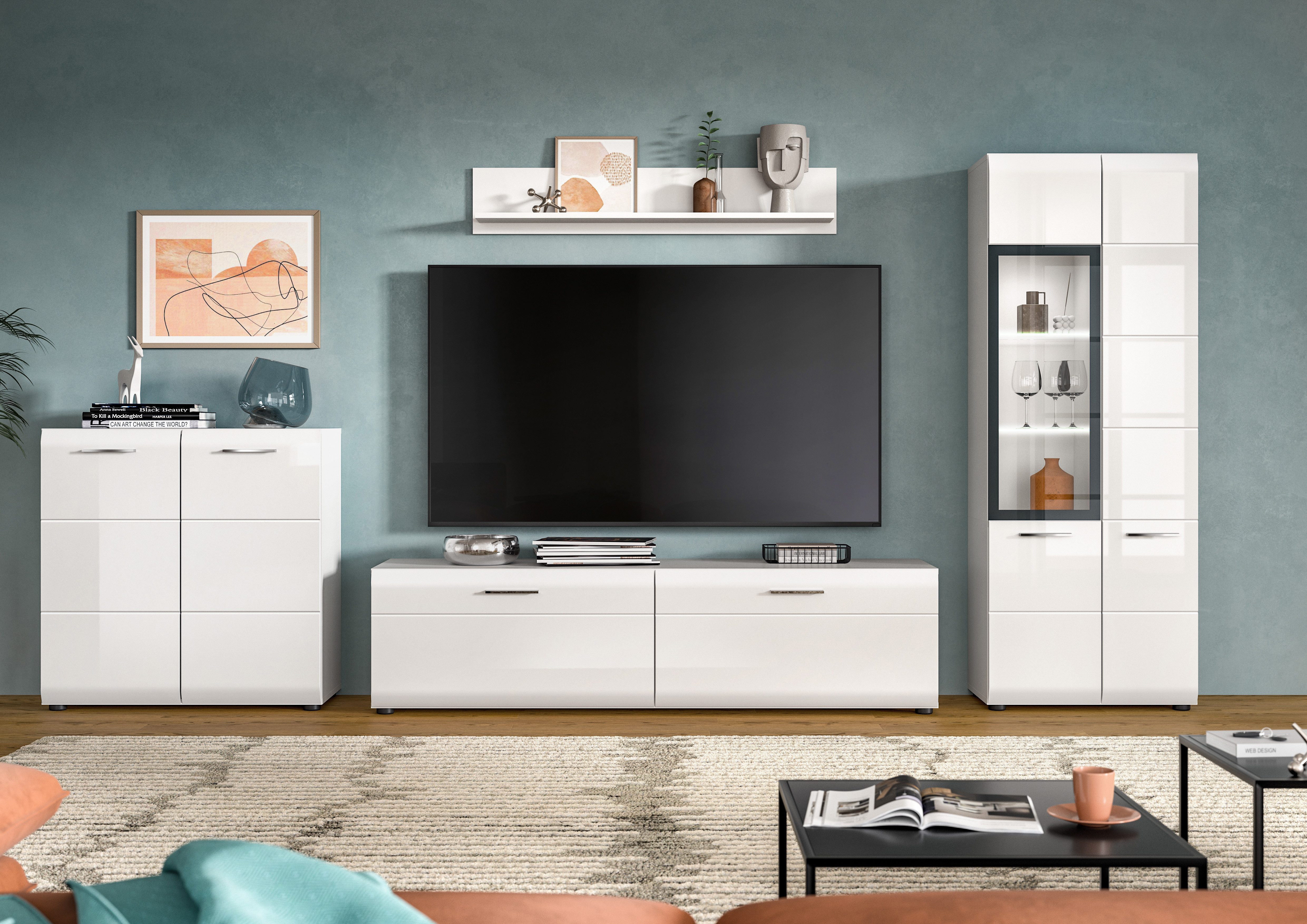 furnling Wohnzimmer-Set Ivy, (4-St., Kommode, Lowboard, Vitrine, Wandboard), Wohnzimmermöbel mit Rillenfräsung, Hochglanz Front, Breite 315 cm