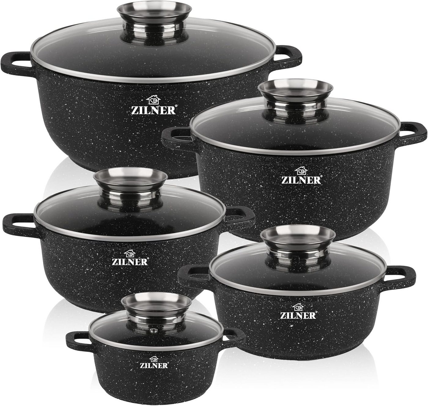 Zilner Topf-Set Schöne schwarze Töpfe in 5 verschiedenen Größen mit Steinbeschichtung, Aluminiumguss, Aluminium, Keramik, Edelstahl (Passt in jede Küche! 1.3L / 2.3L / 3.2L / 4.5L 5.6L, 10-tlg., Es ist eine perfekte Geschenkidee für jeden Anlass), Innovative Aroma Knob-Griffe