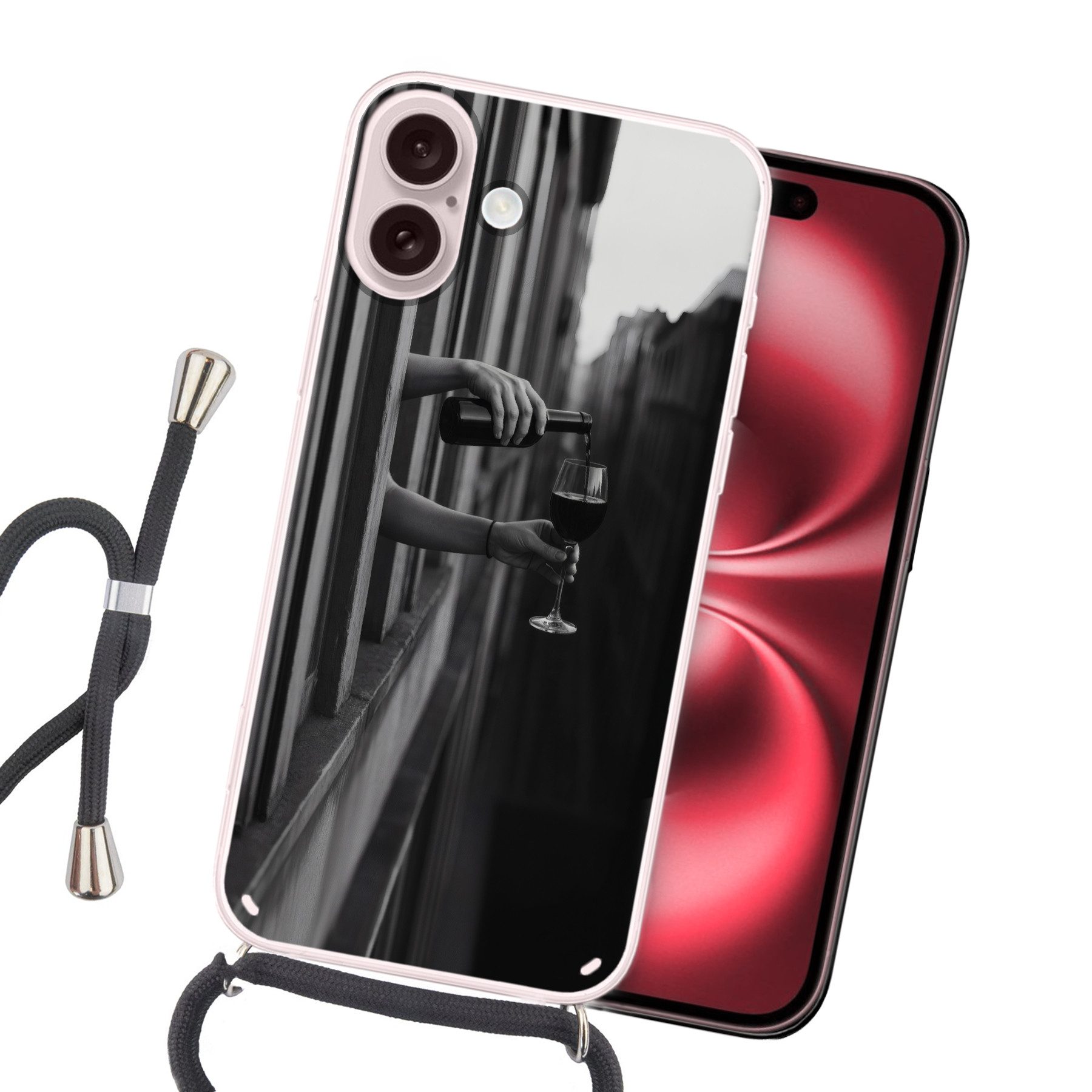 MuchoWow Handyhülle für Apple iPhone 16 Weinflasche - Glas - Hände - Fenster, Tragbare Handyhüllen mit Kette zum umhängen, Handykette Handyband
