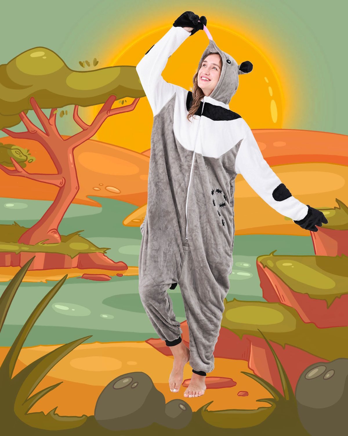 Corimori Partyanzug Flauschiges Ameisenbär-Kostüm für Erwachsene, Karneval Kostüm Onesie, Jumpsuit, Pyjama, Fasching, Kigurumi, Tierkostüme, Ameisenbär Elliot