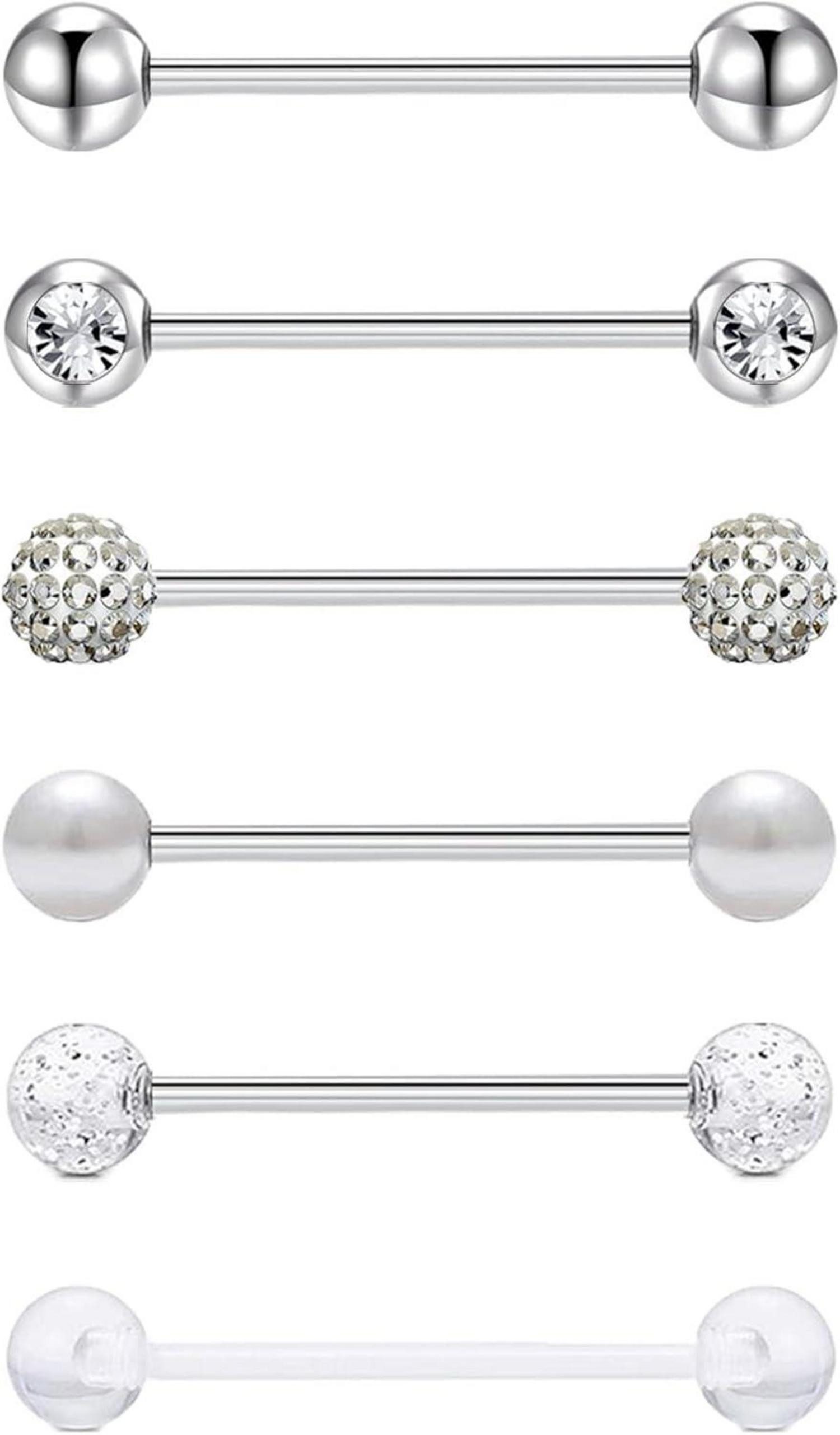 Gojewen Piercing-Set 6er Zungenpiercing Chirurgenstahl 16mm Stablänge 14G Kugeln Silber