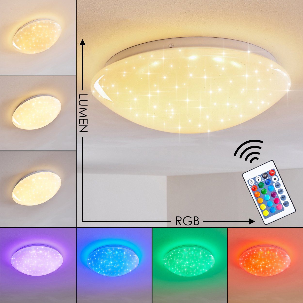 hofstein Deckenleuchte »Melle« runde Deckenlampe mit Glitzer-Effekt, 3000 Kelvin, RGB Farbwechsler, 900 Lumen,Badezimmerlampe, Sternenhimmeloptik, IP44