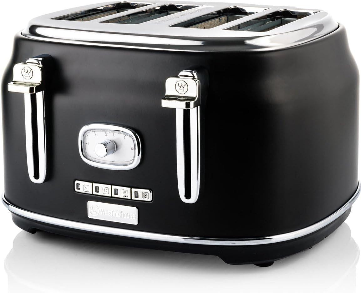 Westinghouse Toaster Retro-Serie 4-Scheiben 1750 W mit Brötchenaufsatz, 4 kurze Schlitze, für 4 Scheiben, 1750,00 W, extra breite Schlitze, Brötchenaufsatz, Auftaufunktion