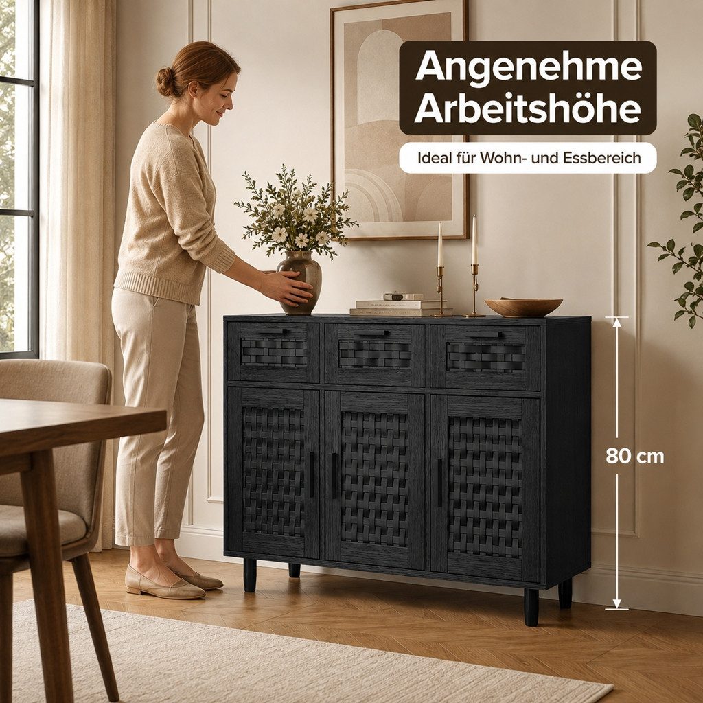 Simurq Sideboard Küchenschrank mit 3 Türen und 3 Schubladen, Buffetschrank (1 St., Stauraumschrank 108x40x80 cm), Kommode, Rattanoptik, moderner Stil – Bild 3 von 5