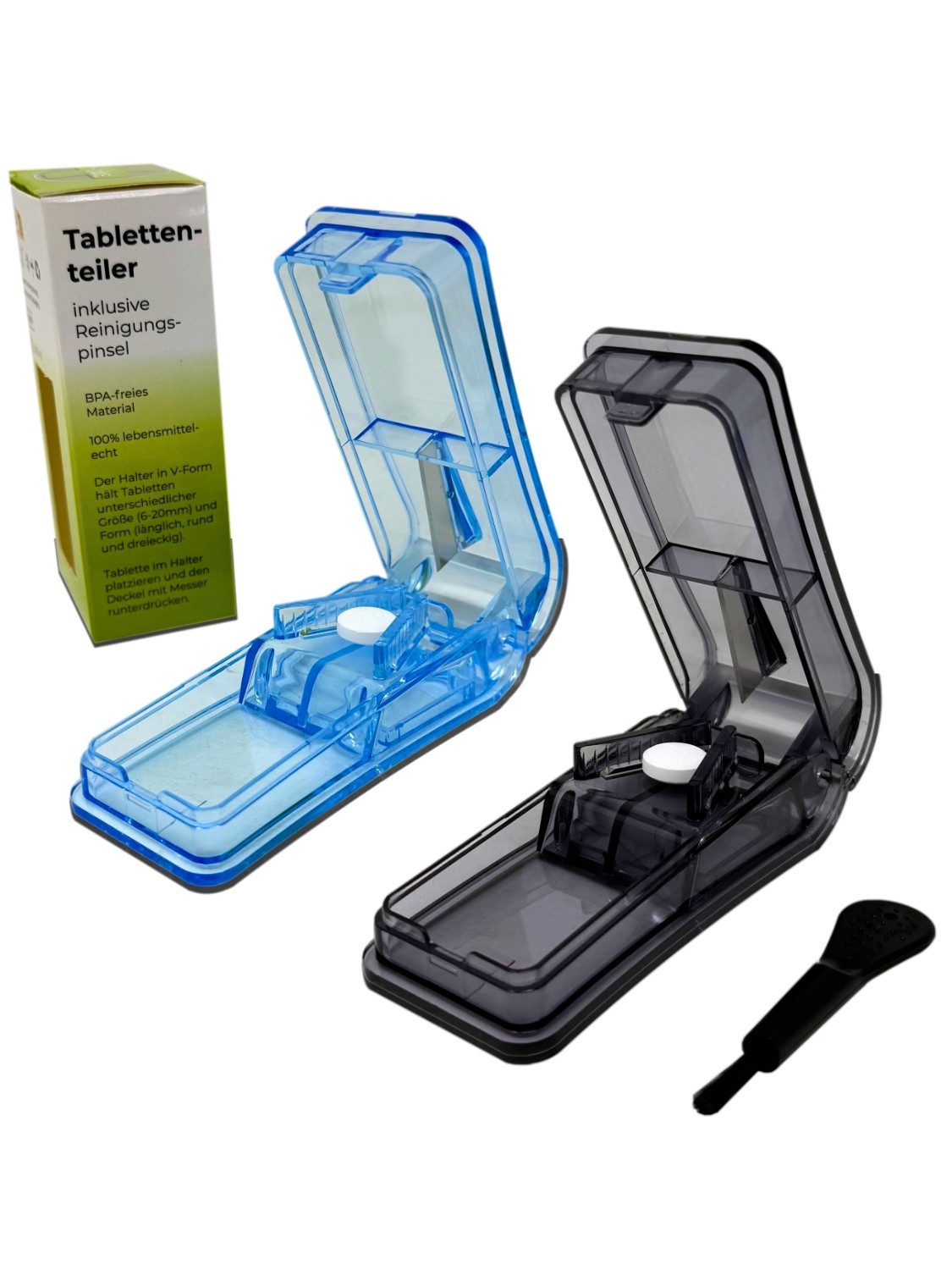 LisaCare Pillendose Tablettenschneider - Pill Cutter - Tablettenteiler (2 St), Tablettenfach für bis zu 25 Tabletten