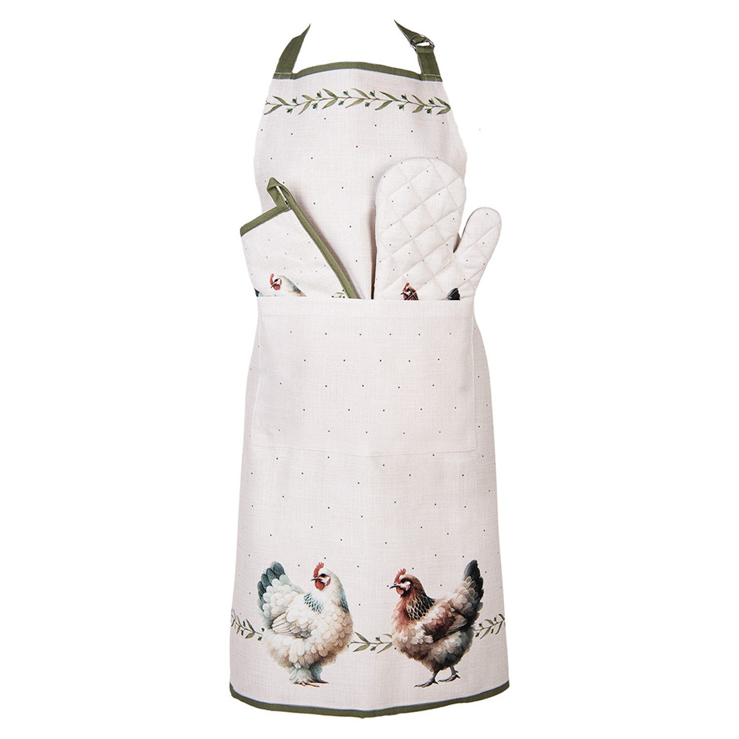 Clayre & Eef Kochschürze Barnyard Chicken, (1-tlg., 1-teilig), Küchenschürze Nackenband aufgesetzte Tasche ca.70x85cm Baumwolle