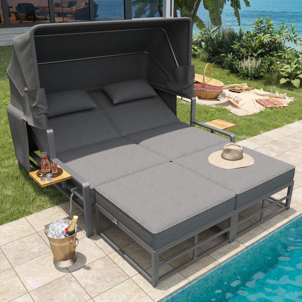 BBWL Gartenlounge-Set mit faltbarem Sonnendach, Outdoor Sofa Bettfunktion mit Tisch, Gartenlounge Set 2–4 Personen Sonnenliege für Balkon Terrasse