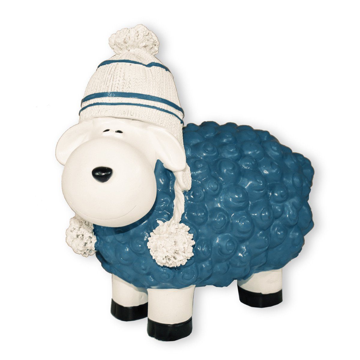 Dekofigur Deko Wetterfest, Handbemalt, Mütze Schaf, Buntes Schaf Schaf lustiges colourliving Gartenfigur mit blau
