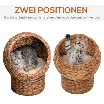PawHut Tierhaus Rattan Katzenbett mit Kissen Haustierbett Wasserhyazinthe Hellbraun, 50L x 42B x 60H cm