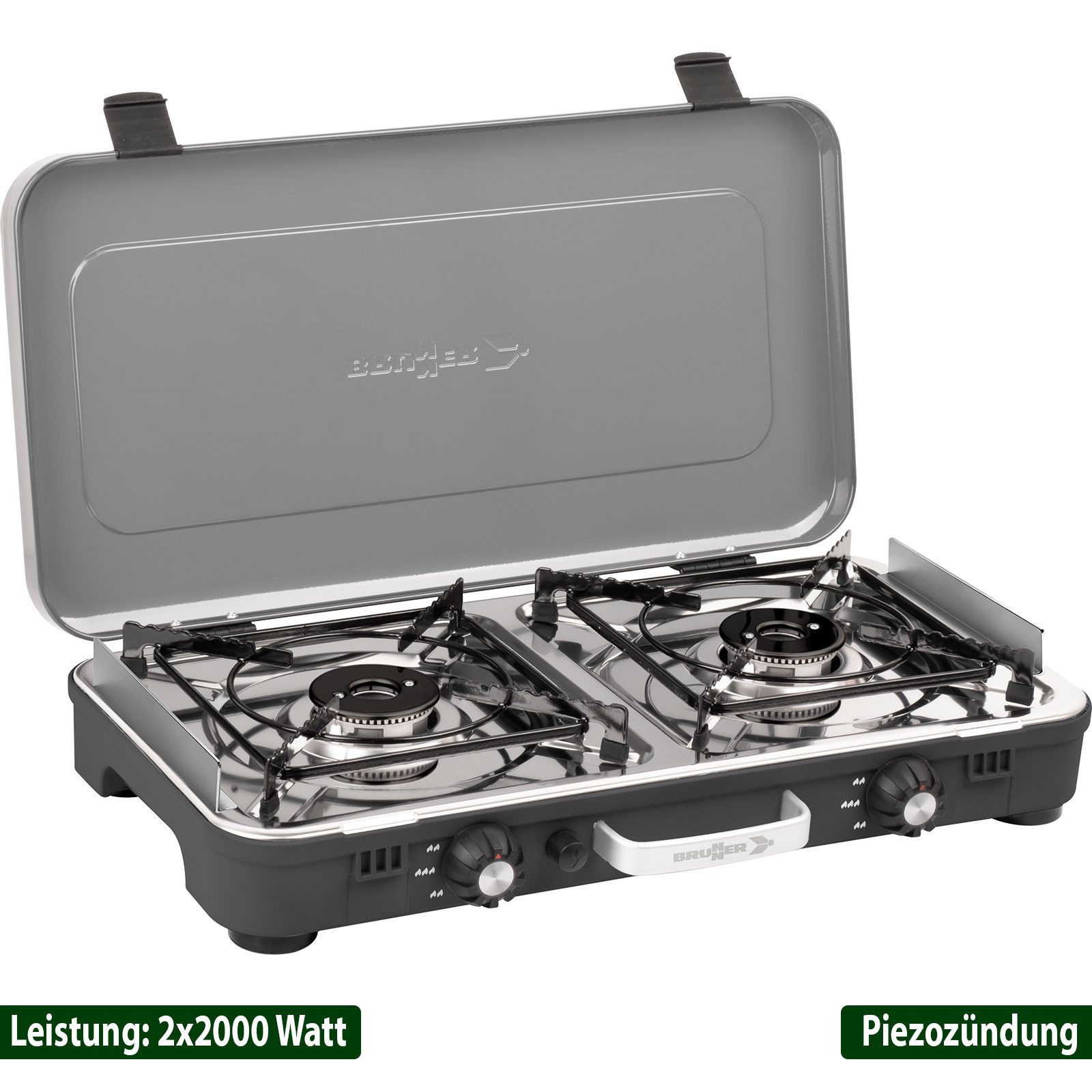 BRUNNER Gaskocher BRUNNER Powerkook GP Gaskocher Campingkocher 2-flammig 2 Grillplatten, (50mbar - Mit Gasregler + Gasschlauch)