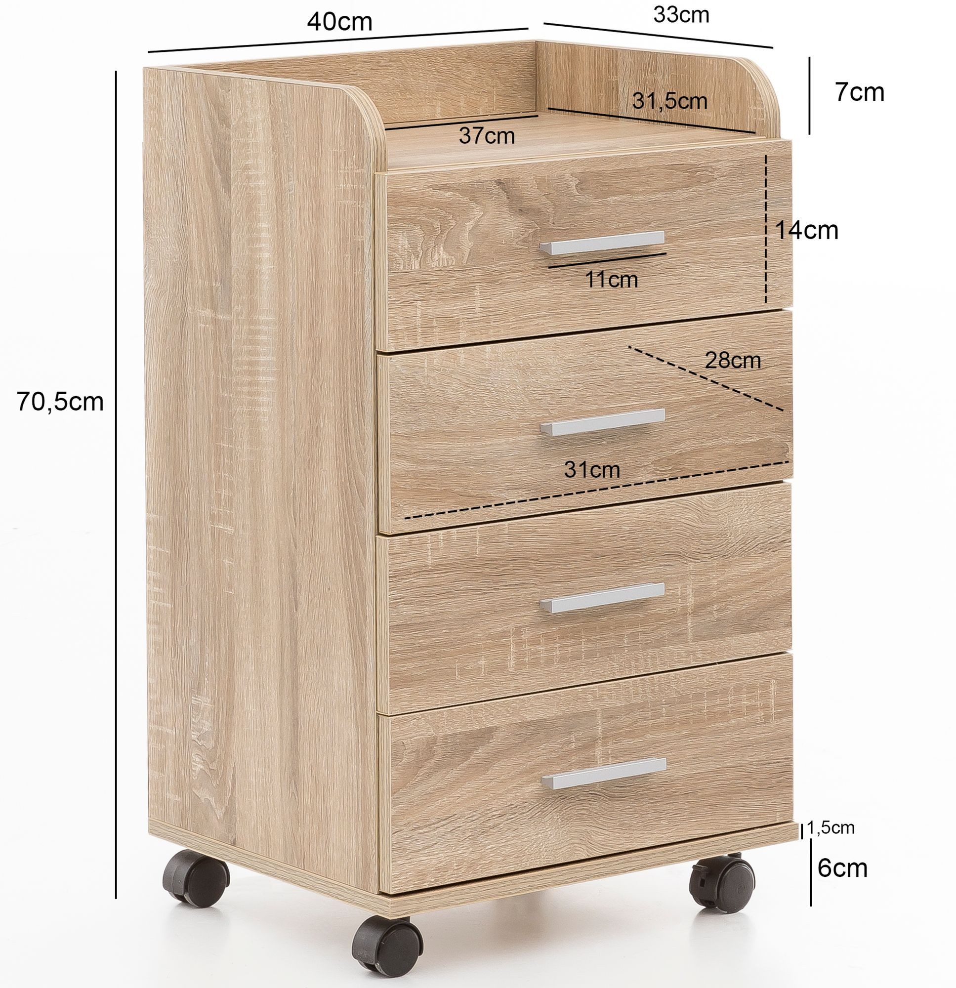 FINEBUY Rollcontainer 70,5 cm Standcontainer Bürocontainer mit Rollen Modern SuVa13590_1, (Schreibtischcontainer 40x70,5x33 cm Sonoma), Rollschrank 4 Schubladen, Bürocontainer mit Rollen