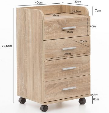 Wohnling Rollcontainer WL5.749, (Schreibtischcontainer 40x70,5x33 cm Sonoma), Rollschrank 4 Schubladen, Bürocontainer mit Rollen