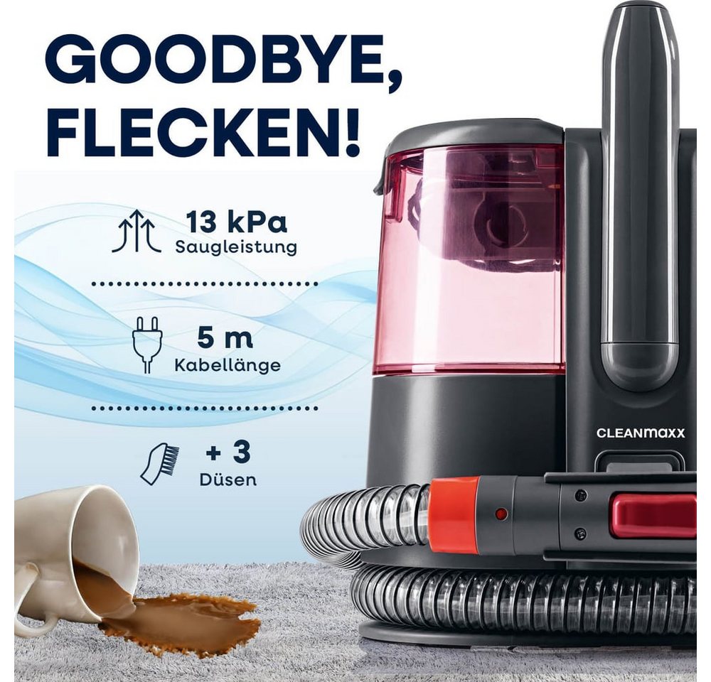CLEANmaxx Teppichreinigungsgerät Polster und Teppichreiniger Pro Power, 600W, 600 W, 3in1: sprühen, bürsten, saugen mit Frisch- & Brauchwassertank