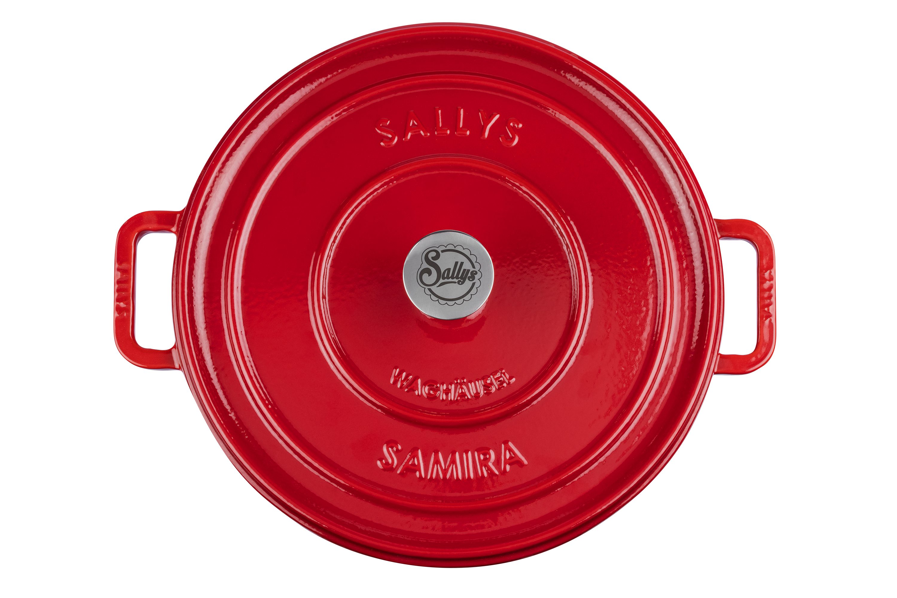 Sallys Schmortopf Hochwertiger Gusseisentopf Samira, 3L Bräter in Ø 32 cm, Vollgusseisen mit hochwertiger Emaille-Beschichtung (Schmortopf mit Deckel, flacher Bräter, gleichmäßige Wärmeverteilung, ofenfest bis 250 °C), ideal zum Schmoren, Braten & Backen