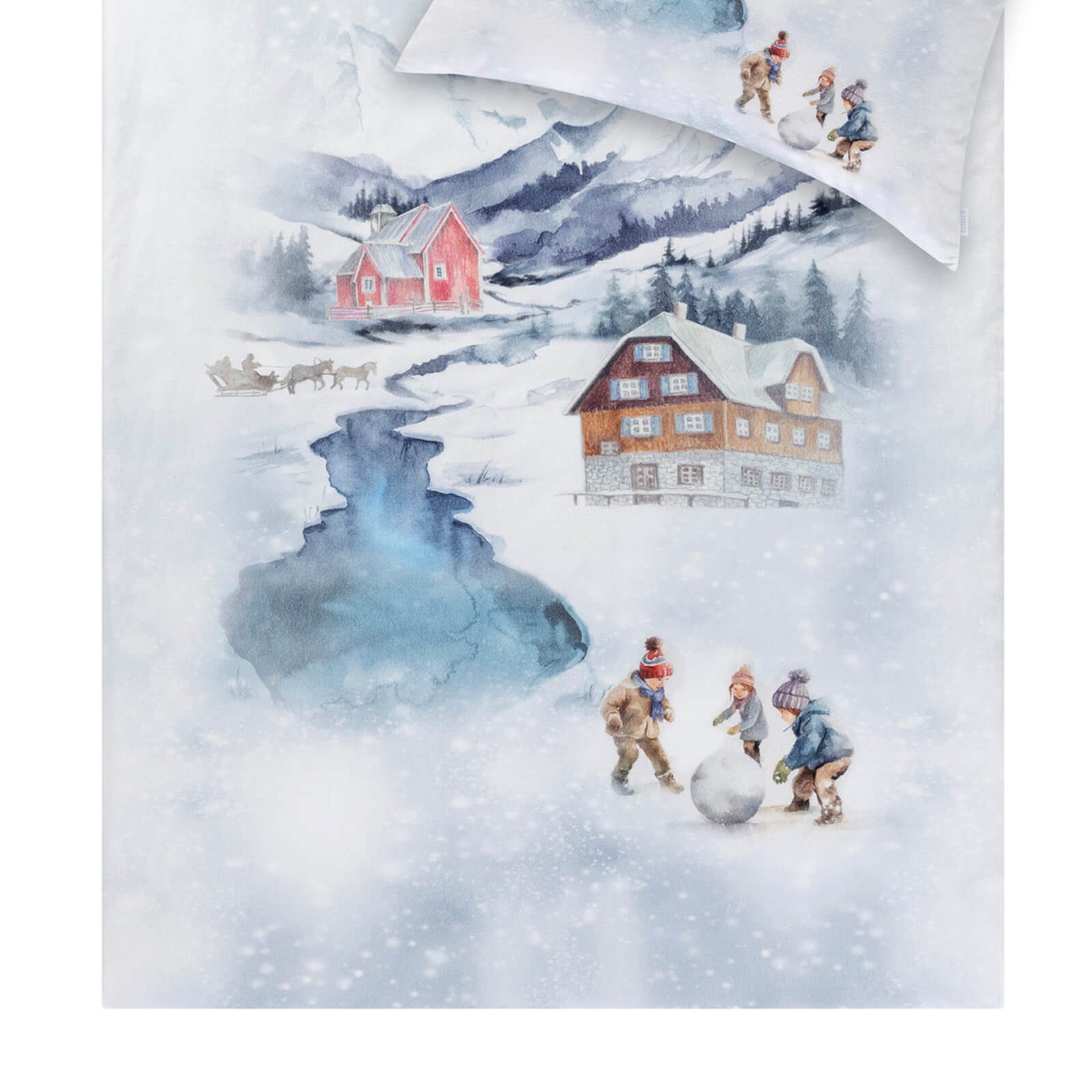 Estella Bettwäsche Mountain Lake 4472 101 Schnee, Flanell, 2 teilig, Schnee, Gebirge, Kinder, Berghäuser, See