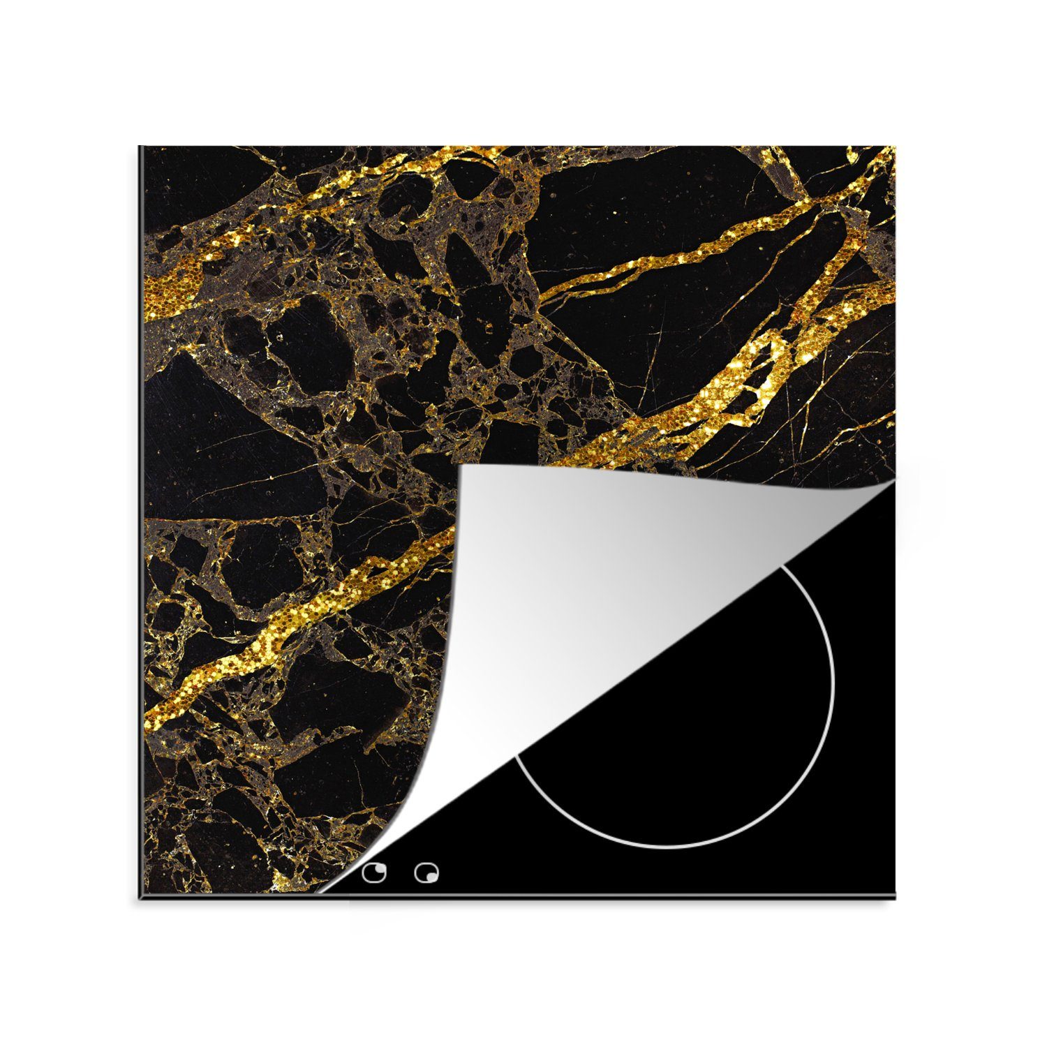 MuchoWow Herdblende-/Abdeckplatte Marmor - Schwarz - Gold - Trendy, Vinyl, (1 tlg), 78x78 cm, Ceranfeldabdeckung, Arbeitsplatte für küche