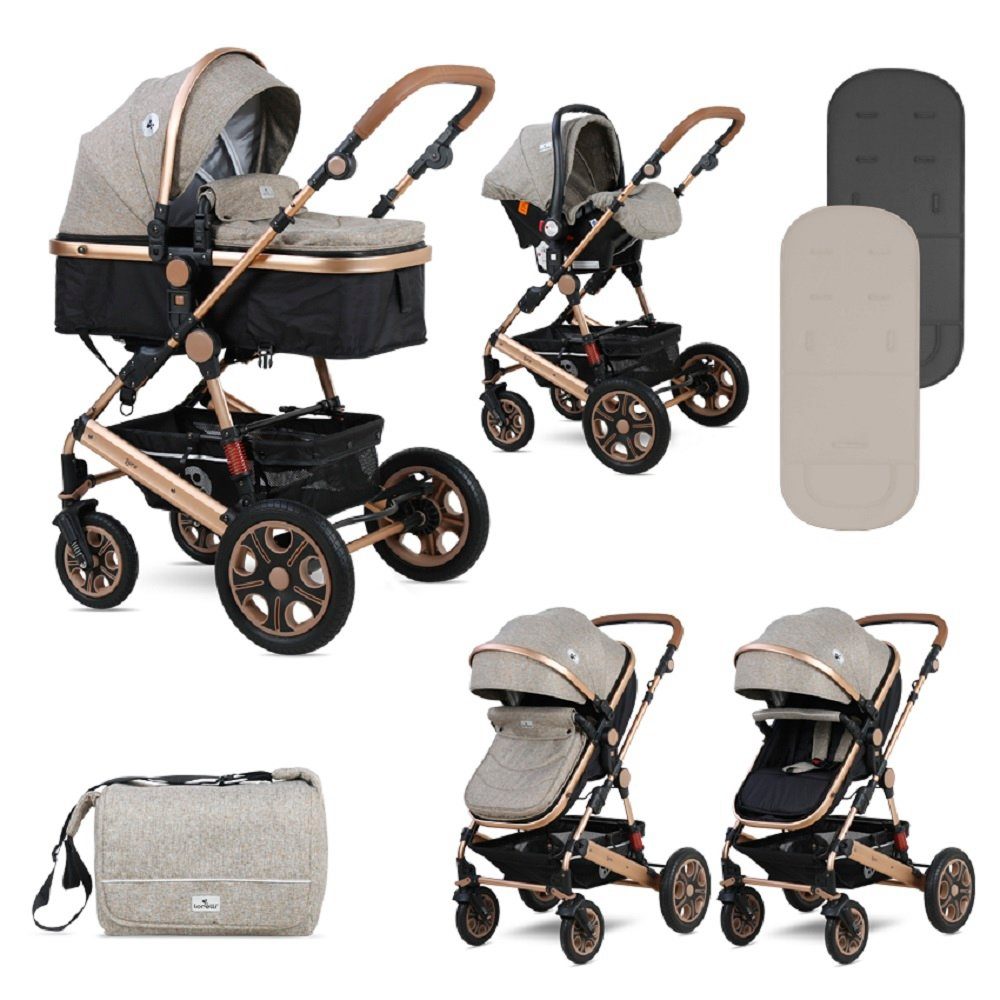 Lorelli Kombi-Kinderwagen Kombikinderwagen Tragetasche 1, Autositz Sportsitz 3 Fußabdeckung grau/schwarz Lora in