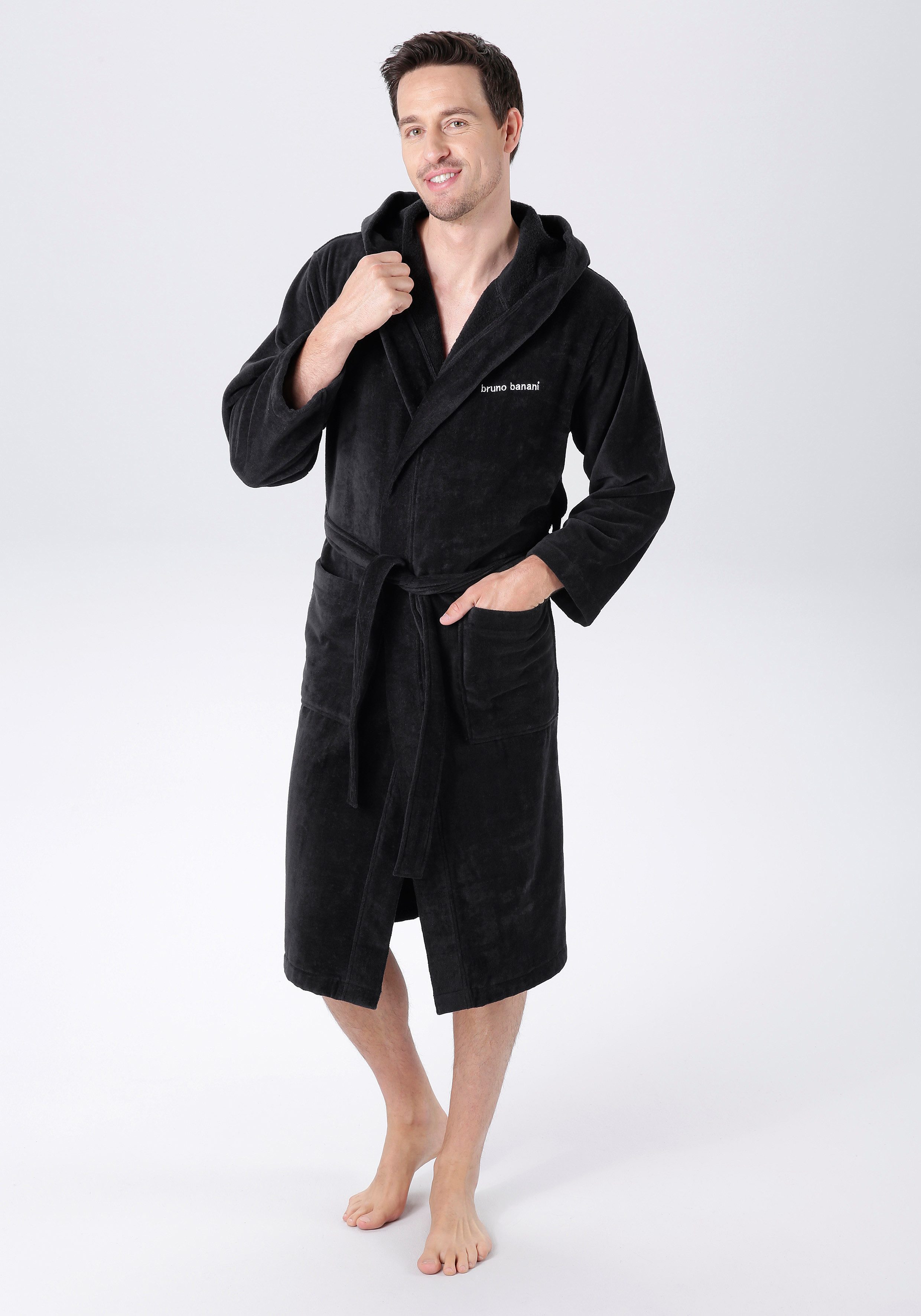 Bruno Banani Unisex-Bademantel Daniel, ideal für Sauna & Spa, Hotelbademantel, Morgenmantel, Langform, Veloursfrottier, Kapuze, Gürtel, Damen & Herren Bademantel, lang, mit Taschen, S-5XL
