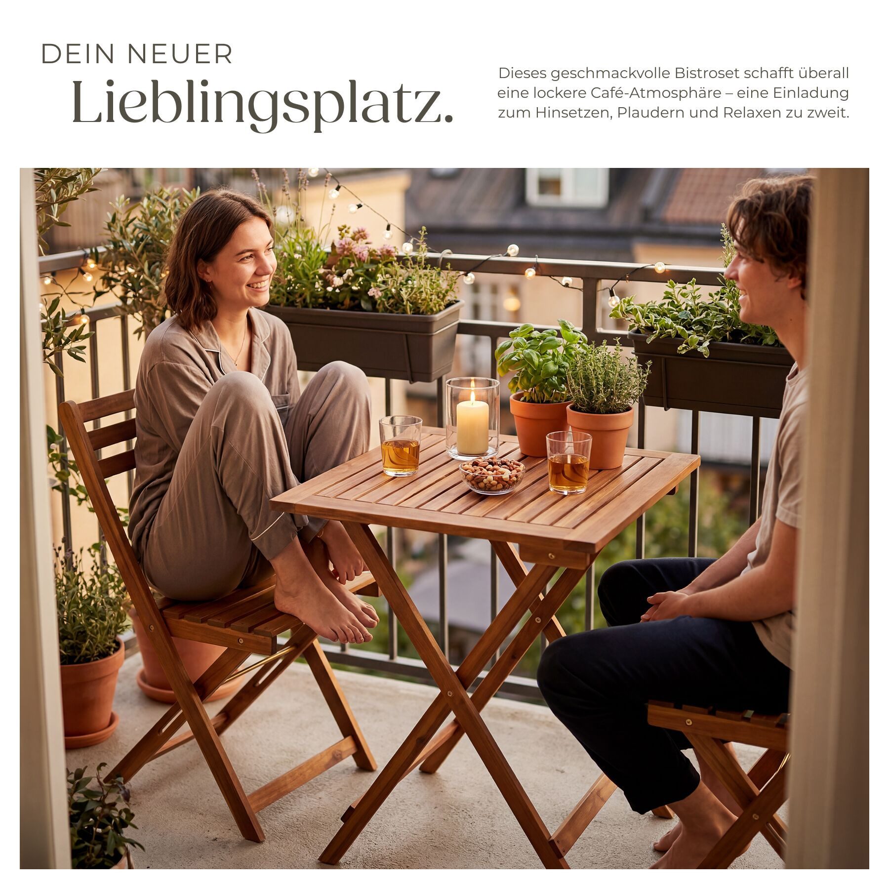tectake Essgruppe Bistroset für 2 Personen, massives Akazienholz, klappbar, (Balkonmöbel Sóller, 3-tlg., in braun), wetterfest, vormontiert, Belastbarkeit Stuhl – Bild 4 von 5