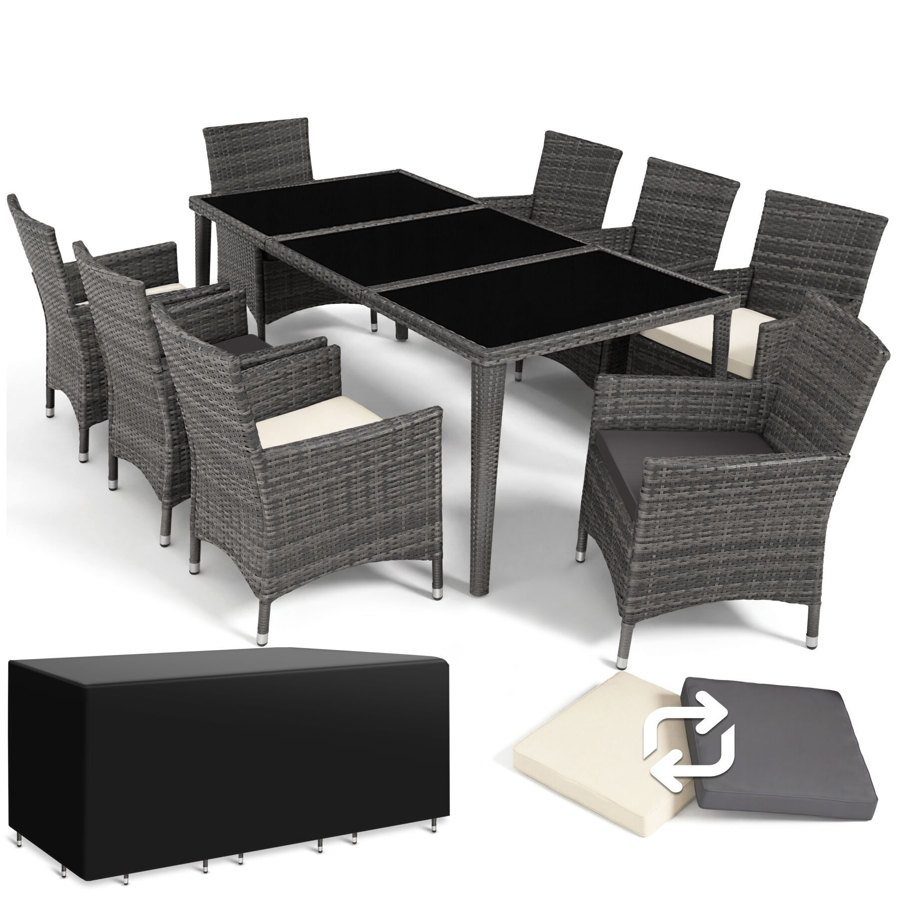 tectake Sitzgruppe Polyrattan Gartengarnitur wetterfest inkl. Schutzhülle, 2 Bezugssets, (Rattan Gartenmöbel Set Menorca, 9-tlg., in Grau), Mit Sicherheitsglasplatten, pflegeleicht, Inkl. Zubehör
