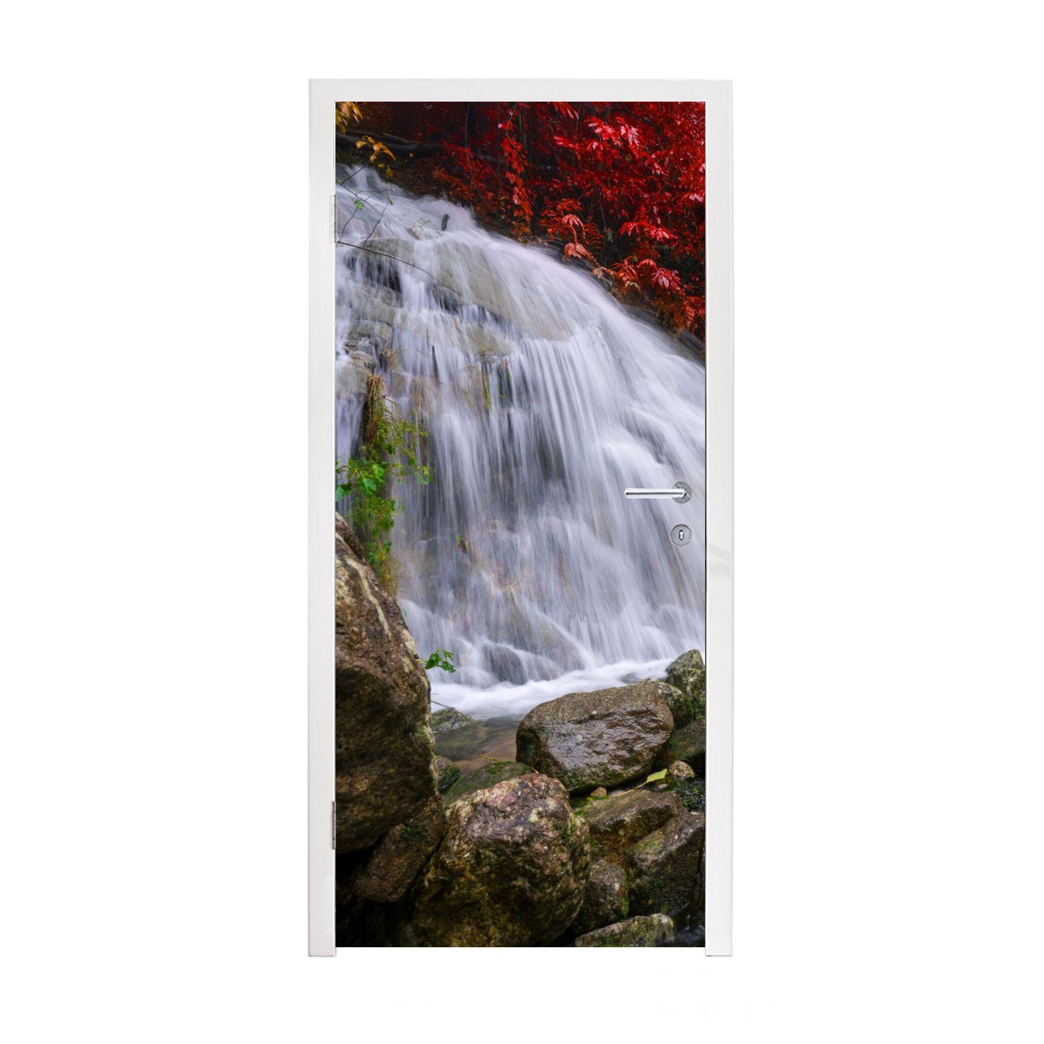 (1 St), Wasserfall Matt, Türaufkleber, - - Herbst, Felsen 75x205 cm Tür, für Türtapete MuchoWow bedruckt, - Wasser Fototapete
