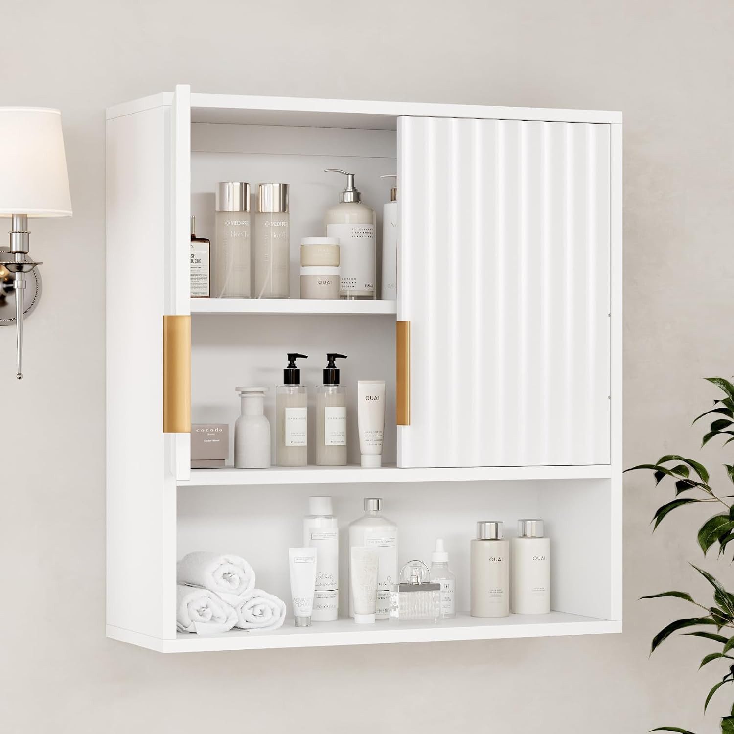 Karlhome Wandhängeschrank Badezimmerschrank mit 2 Türen und offenem Fach, 58 x 20 x 62 cm, Badschrank mit verstellbarer Ablage, Wandmontage, Weiß