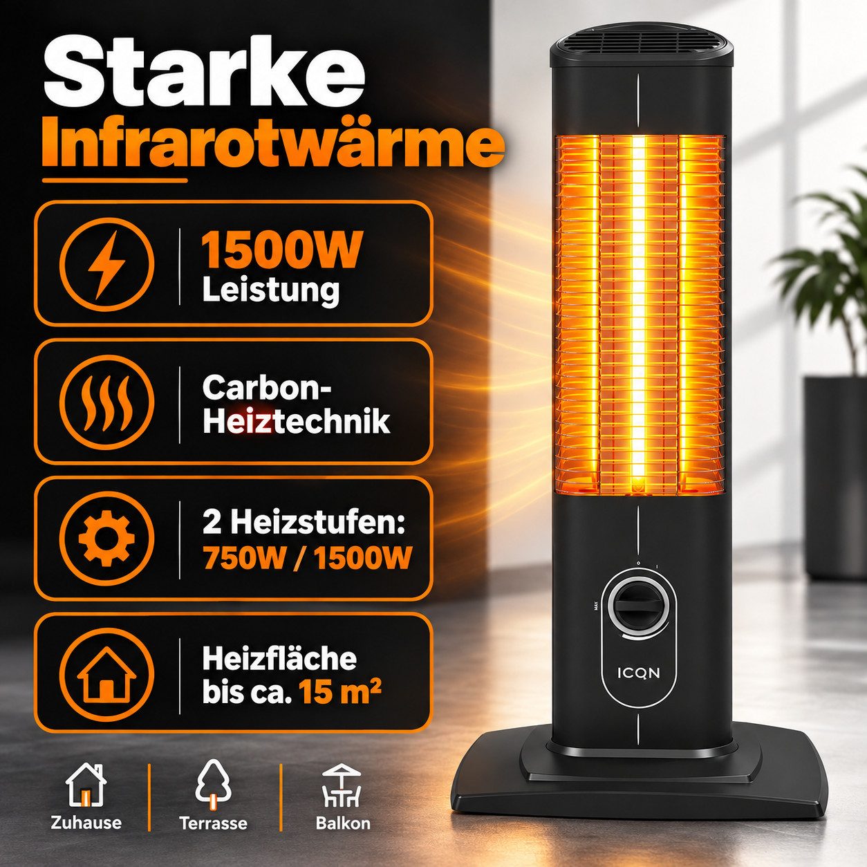 ICQN Heizstrahler IC1500 Stand Heizstrahler, Infrarotheizung, 1500 W, IP20 – Bild 2 von 5