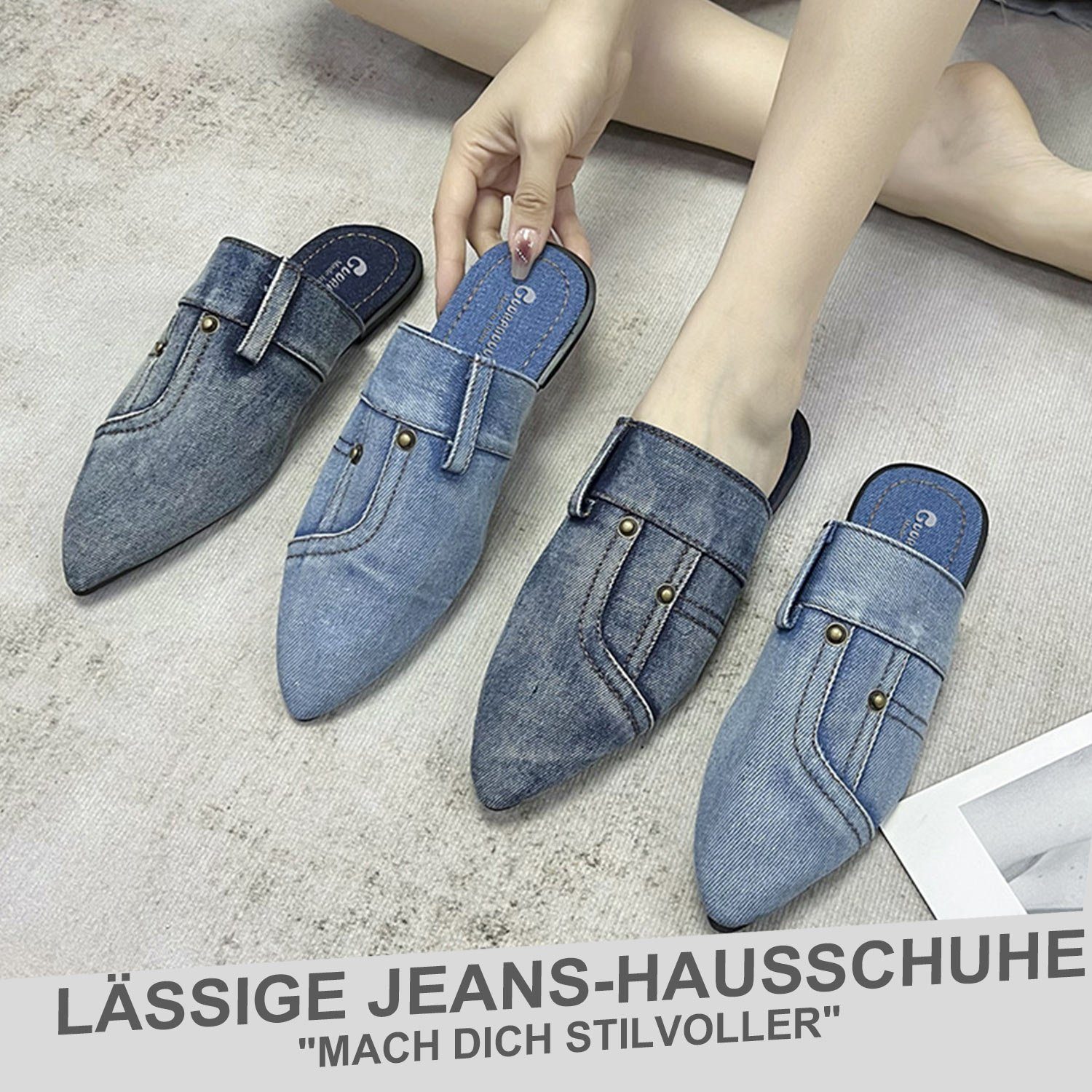 Daisred Damen Denim Spitz Hausschuhe Sandalen Pantoffel Flats Blau Mode