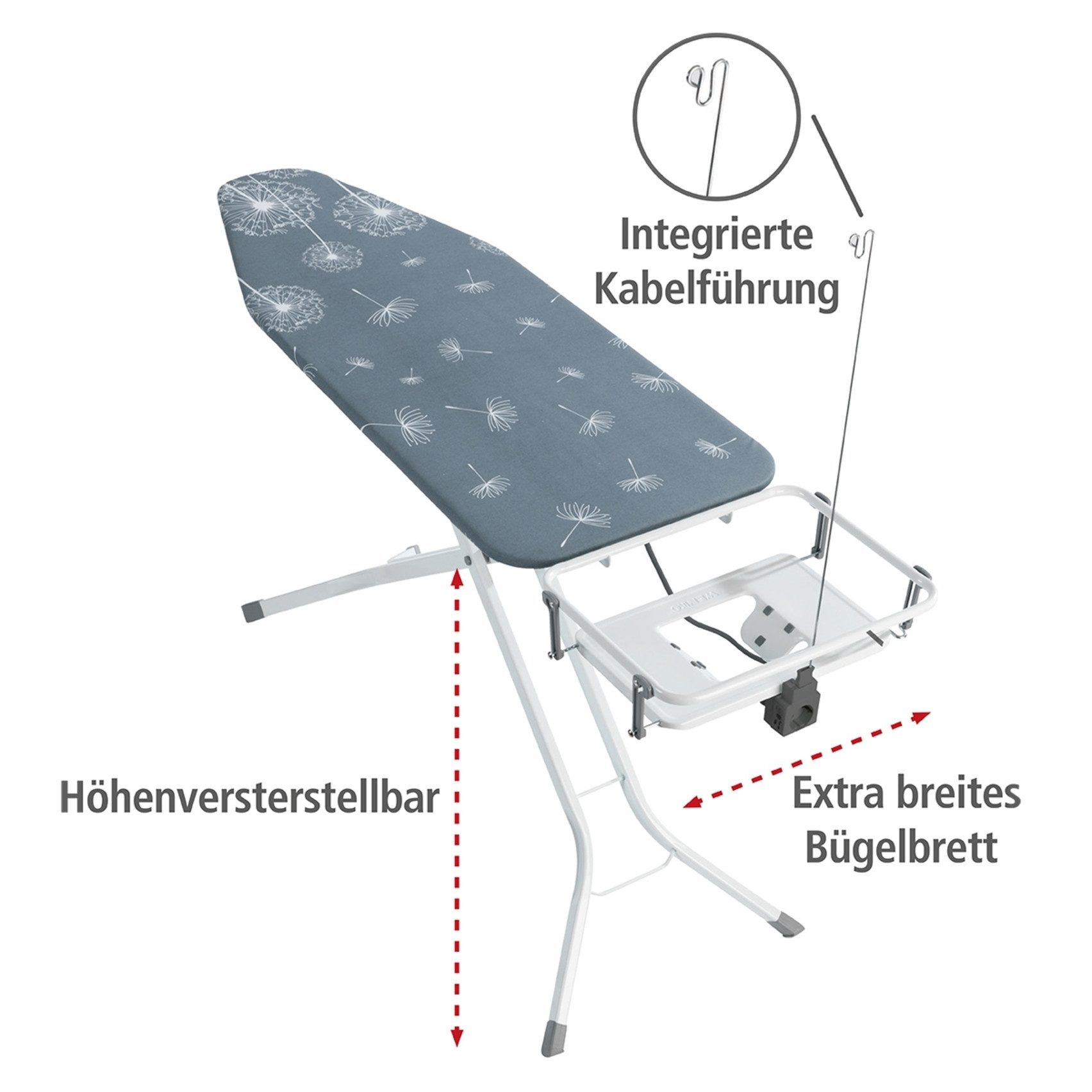 WENKO Bügelbrett Modell Professional, Bügelfläche 130x48 cm, höhenverstellbarer Bügeltisch mit Kabelführung und Steckdose