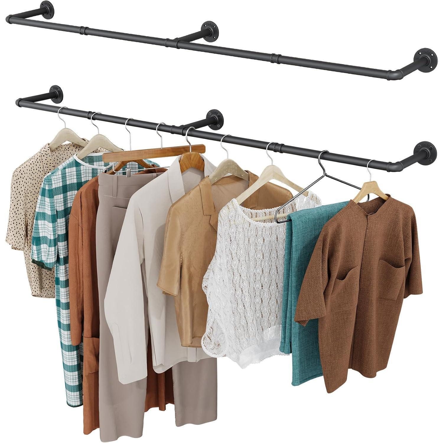 LuxusKollektion Wandgarderobe Kleiderstange Rohr Metall Wandmontage Paquet de 2 Schwarz 3 Basis