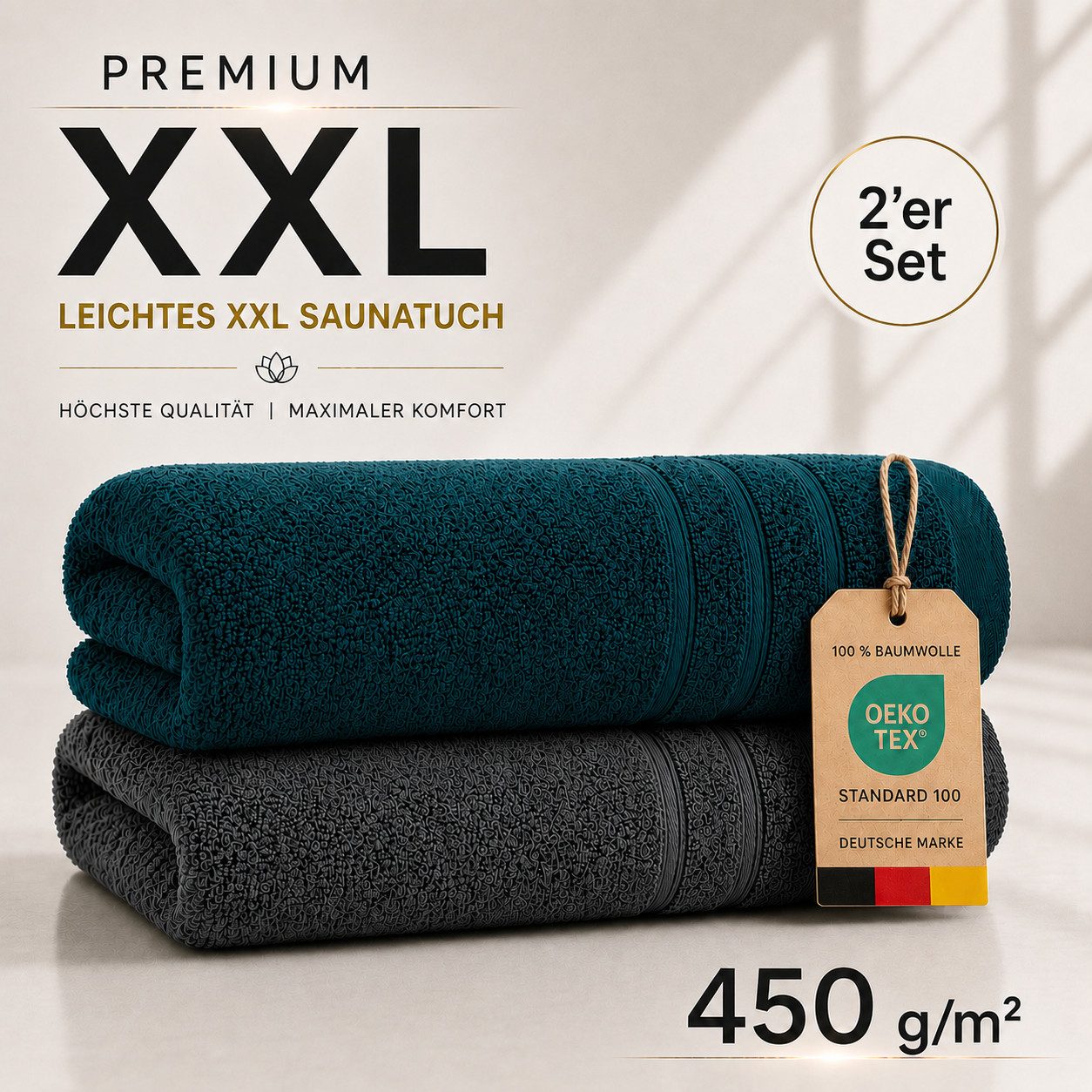 Komfortec Saunatuch 2er Set extra Große - XXL Premium Badetuch-80x200, Frottee (Set, 2-St), extra Große, Baumwolle 100%, Weich, Schnelltrocknend – Bild 2 von 5