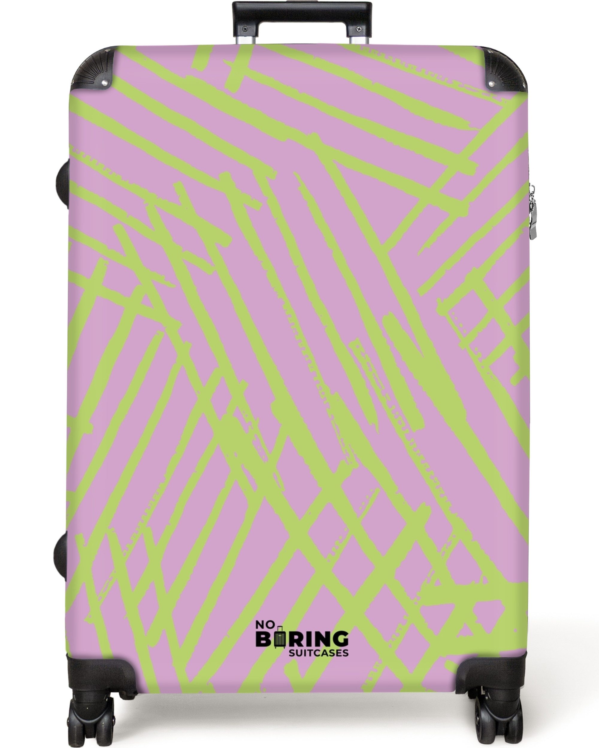 NoBoringSuitcases.com© Hartschalen-Trolley Lila mit grünen Linien günstig online kaufen