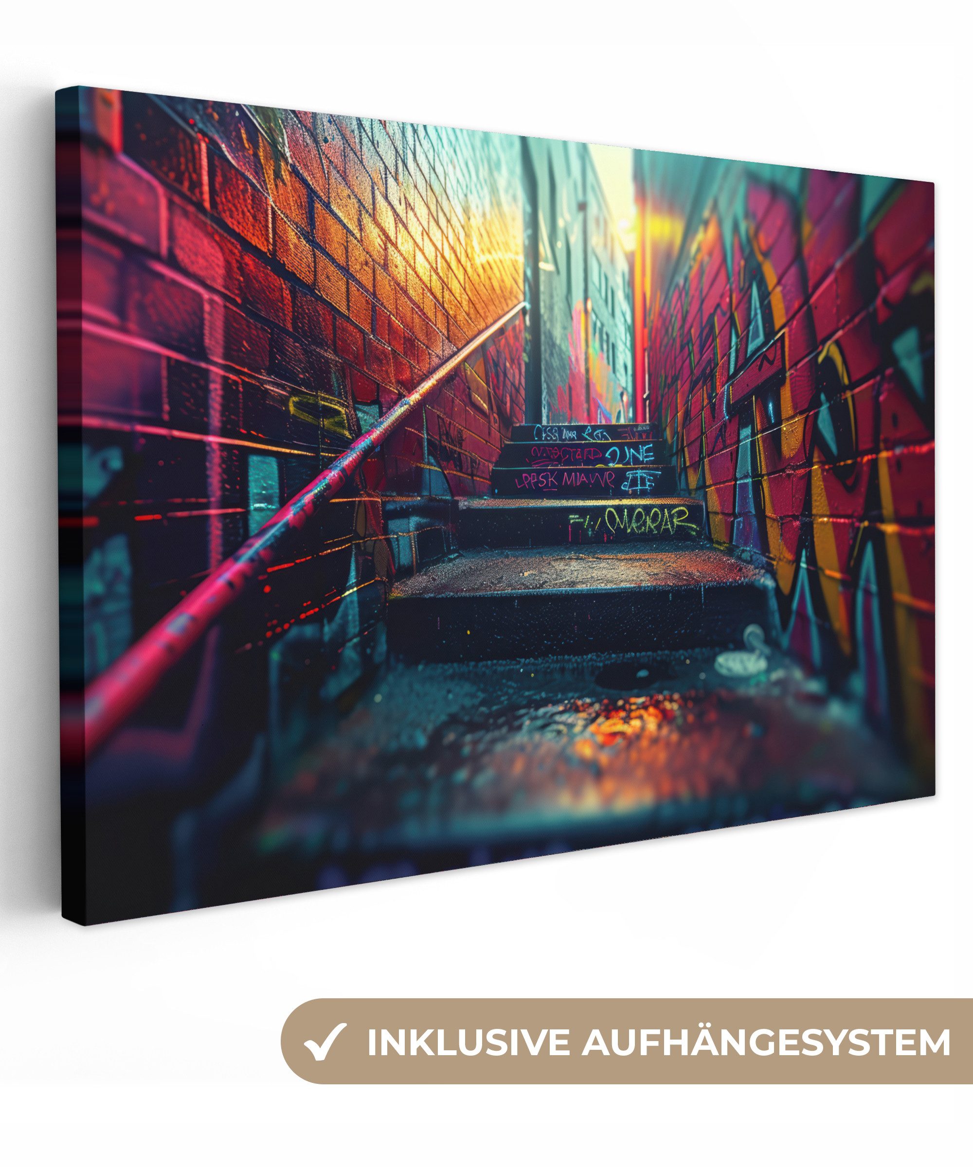 OneMillionCanvasses® Leinwandbild Architektur - Neon - Treppe - Graffiti, Fotodruck (1 St), Leinwand Bilder Klein, Wand Dekoration Aesthetic 30x20 cm