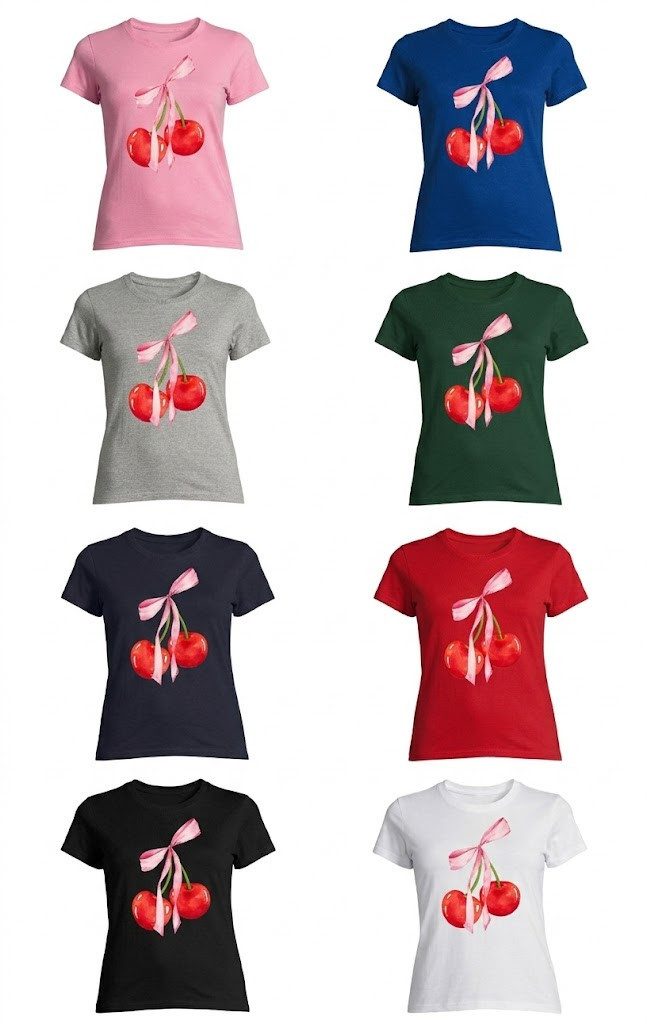 T-Shirt Damen T-Shirt Kirsch Schleife Print Baumwolle Rundhals Casual