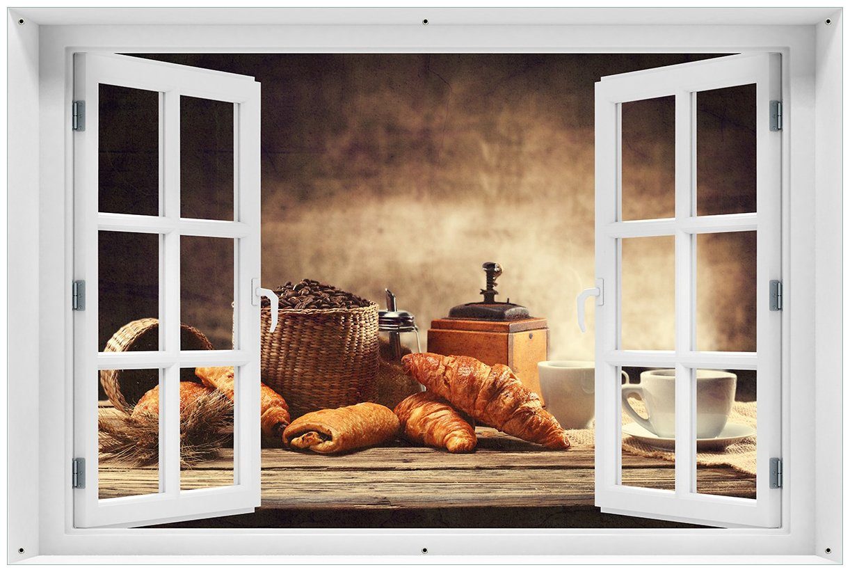 Wallario Sichtschutzzaunmatten Französisches Frühstück mit Café und Croissants, mit Fenster-Illusion
