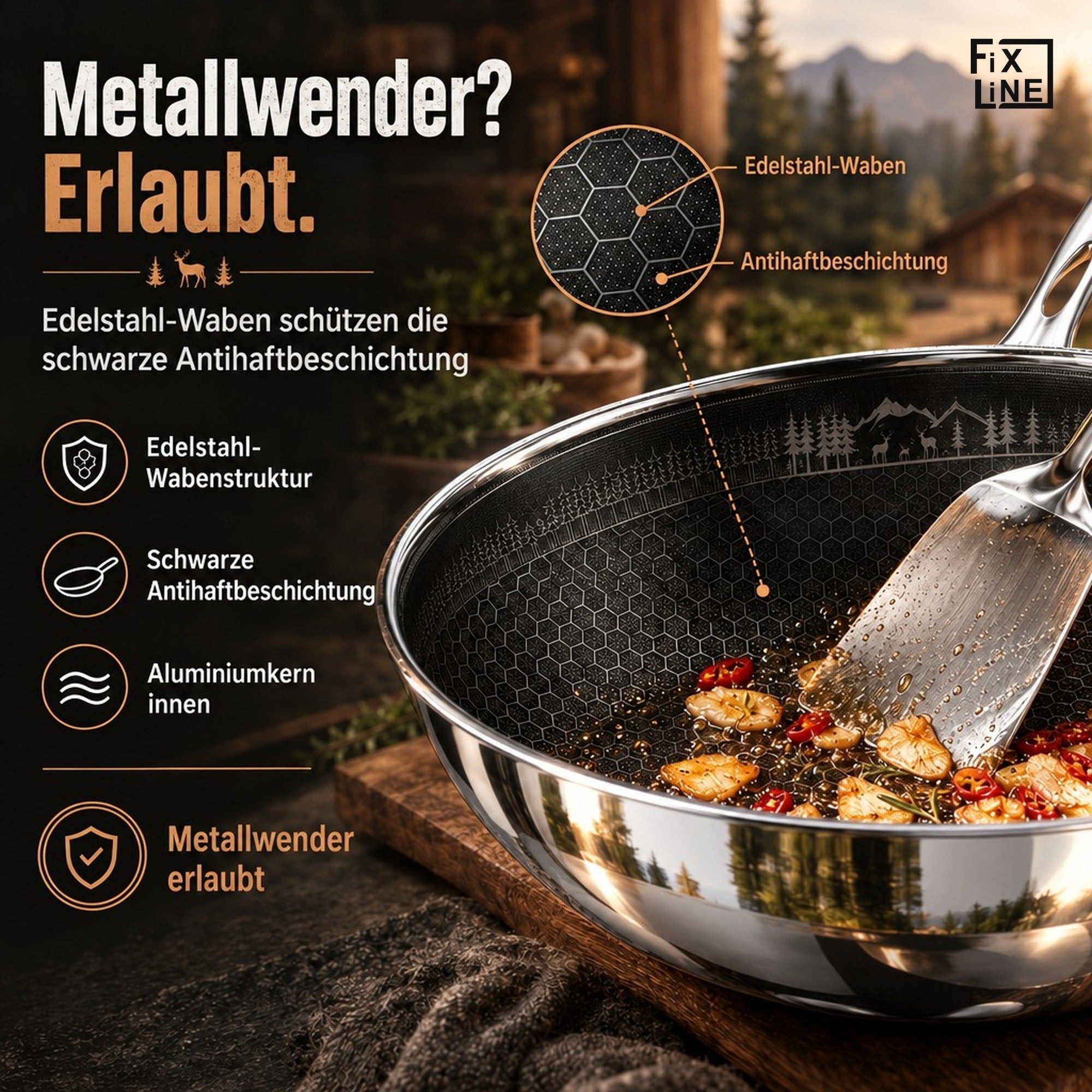 FIXLINE Wok Pfanne 28cm BLACK FOREST Edition Kratzfeste Beschichtung Induktion, Edelstahl (Einzel, 1 Wok Pfanne), Perfekte Geschenk Idee – Bild 3 von 5