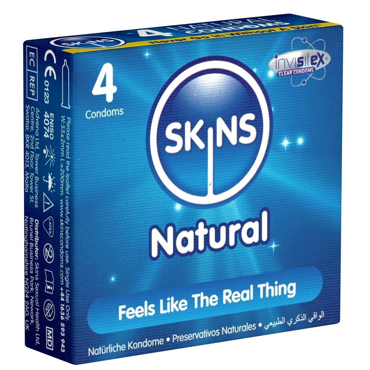 SKINS Condoms Презервативы Natural, samtweiche Oberfläche, fühlt sich an wie "echt", Packung mit, 4 St., natürliche Презервативы mit Vanille-Duft, durchsichtiges Latex (kristallklar), kein Latexgeruch