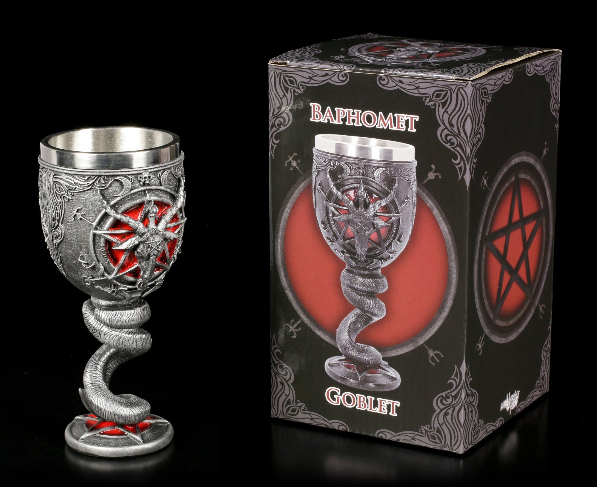 Figuren Shop GmbH Becher Kelch - Baphomet mit Pentagramm - Nemesis Now Gothic Becher, Kunststein (Polyresin), Edelstahl