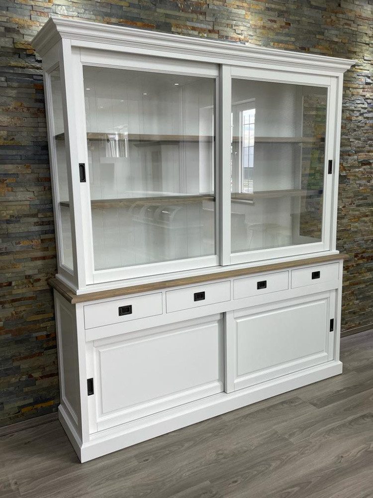 Wohnpalast Glasvitrine Vitrinen Schrank Neuss 200 cm weiß/eiche - Buffet Schrank Schiebetüren