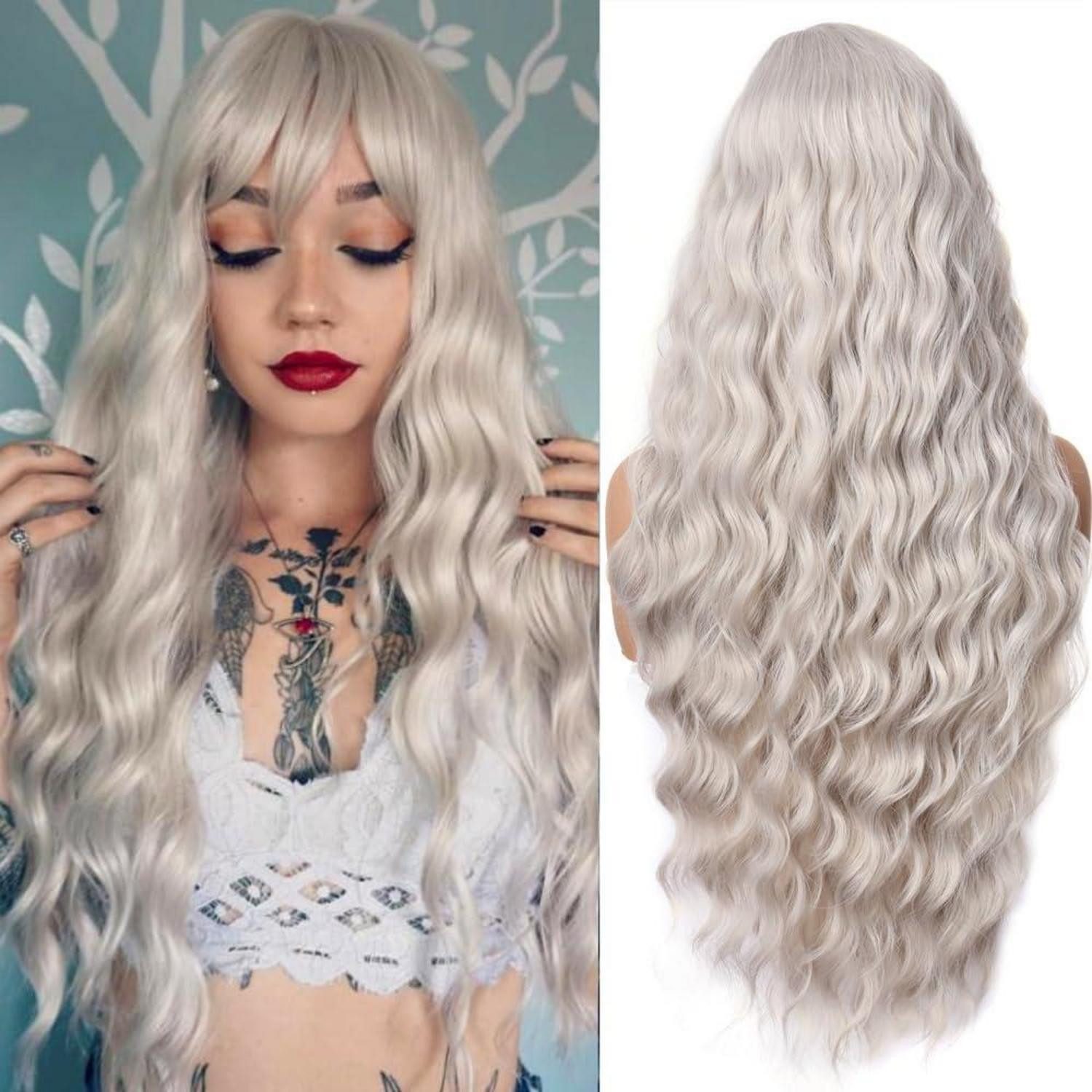 LuxusKollektion Kunsthaarperücke Perücke Damen Lang Lockig Pony Ingwerrot Cosplay 28 Zoll Asche blond