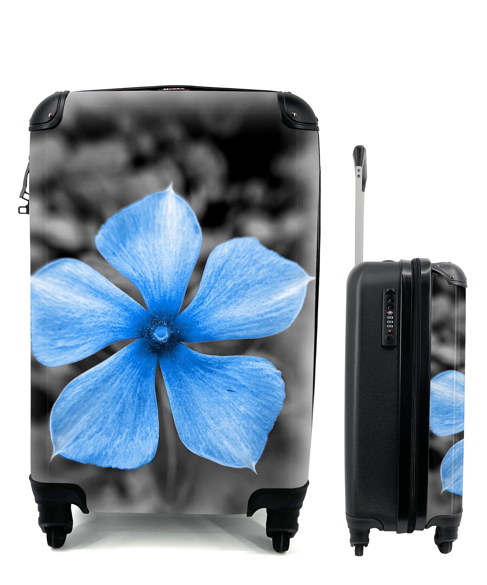 MuchoWow Handgepäckkoffer Blumen - Blau - Schwarz - Weiß, 4 Rollen, Reisetasche mit rollen, Handgepäck für Ferien, Trolley, Reisekoffer | Handgepäck-Koffer