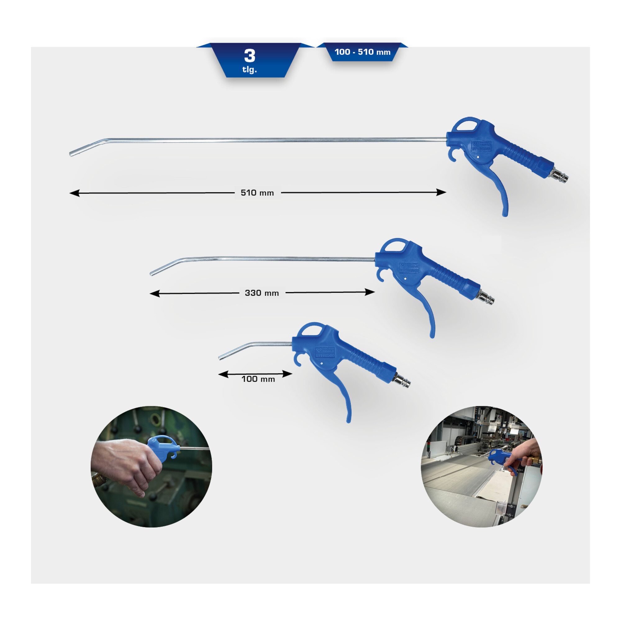 Brilliant Tools Ausblaspistole Brilliant Tools Druckluft-Ausblaspistolen-Satz, 3-tlg, 95 - 510 mm