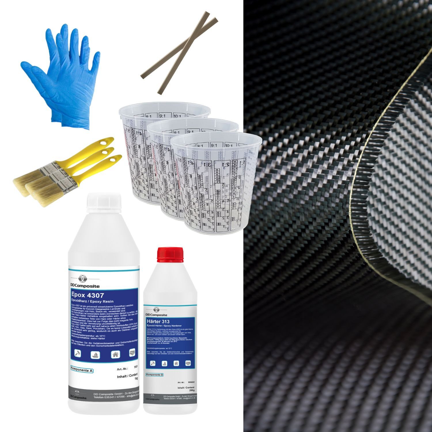 DD Composite Reparatur-Set Carbon Komplett-Set 1,5m² Köper, Set, 1-St., Reparaturset, Carbongewebe mit Epoxidharz