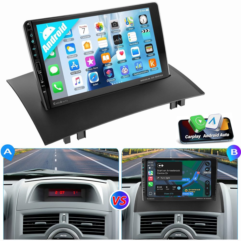 ESSGOO Für Renault Megane II 2002-2009 Android 15 2DIN USB Autoradio (RDS, Digitalradio (DAB), FM, 4+64GB optiona, AM, Carplay Android Auto SWC WIFI BT)