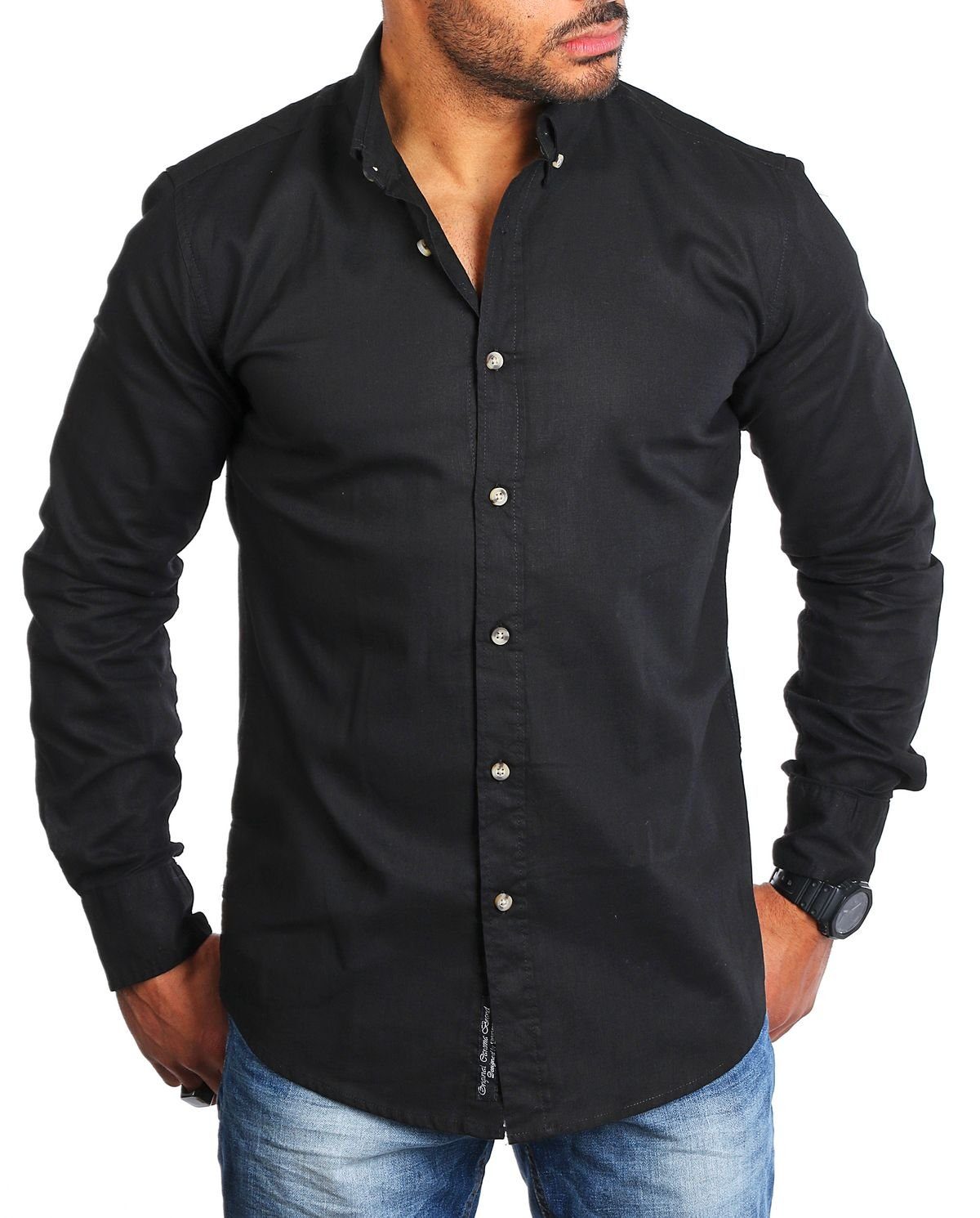 CARISMA Langarmhemd Herren Leinen Baumwoll Mix Casual Hemd 8529 Regular Button-Down-Kragen Langarm Uni Schwarz | Freizeithemden