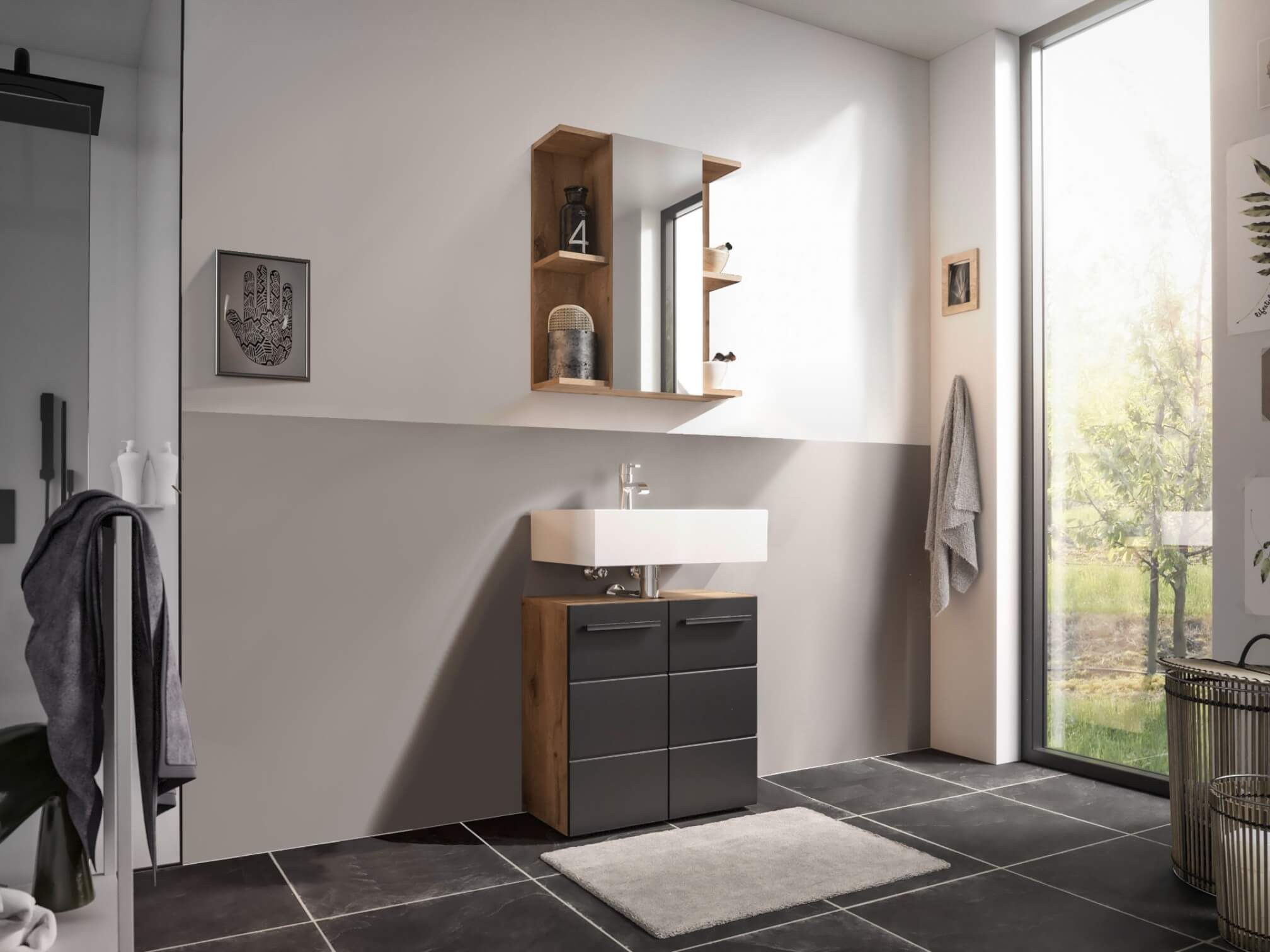 moebel-dich-auf Badezimmer-Set VALENCIA, (Waschbeckenunterschrank, Spiegelschrank, MDF-Fronten tiefgezogen, Korpus melaminbeschichtet)