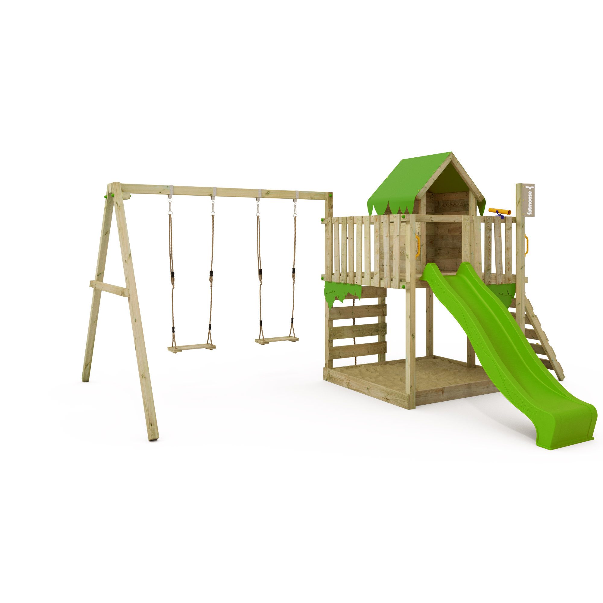 FATMOOSE Klettergerüst JazzyJungle Jam XXL mit Schaukel – Spielturm mit Rutsche, (Outdoor-Spielhaus mit Kletterwand, Wellenrutsche & Sicherheitshandgriffen für aktive Kinder, Kletterturm für kleine Entdecker & Freunde – perfekt für Rollenspiele), extrem witterungsbeständig mit 10 Jahren Garantie*